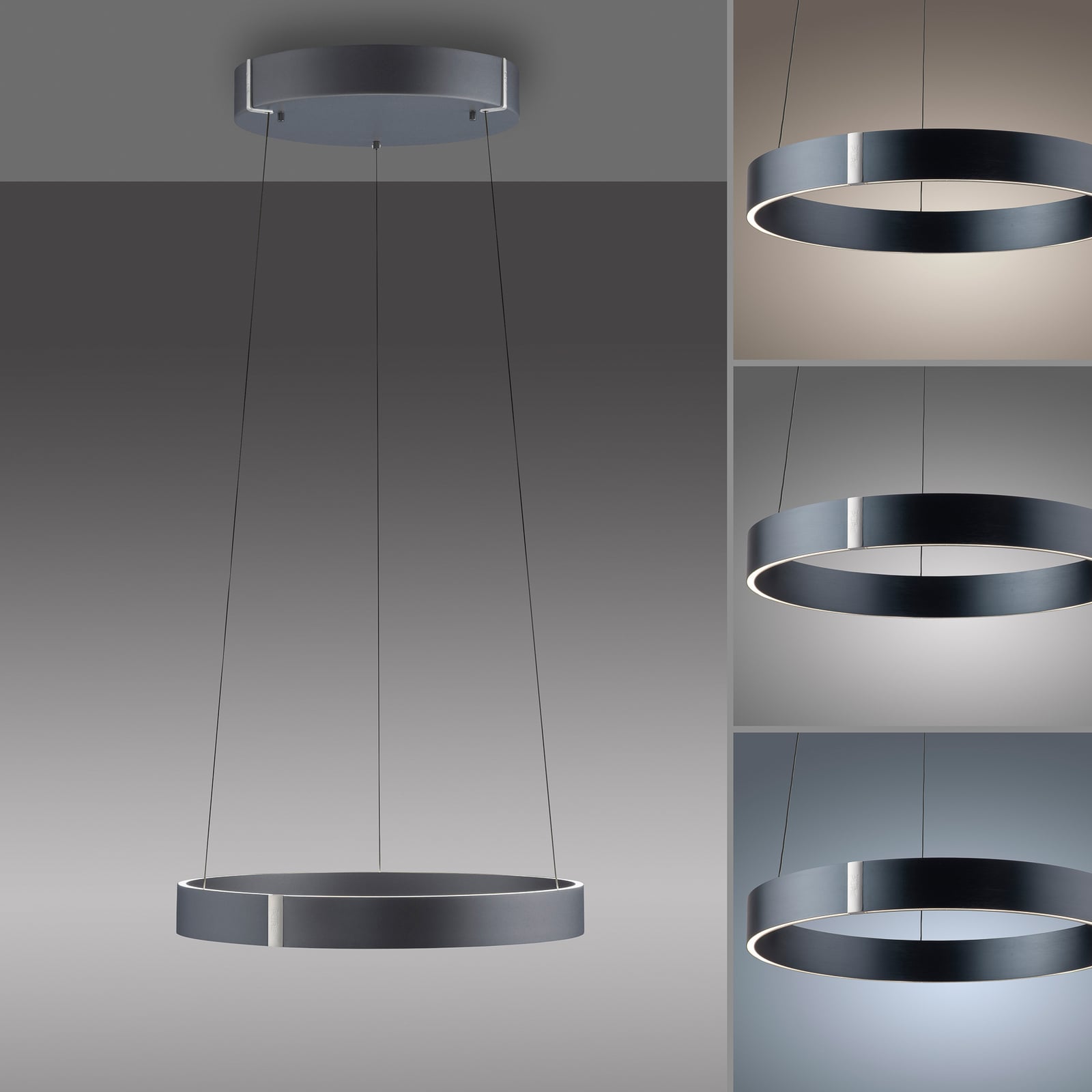 LED pendellampe E-Clipse dimbar aluminium Ø50 cm CCT lys i bruk