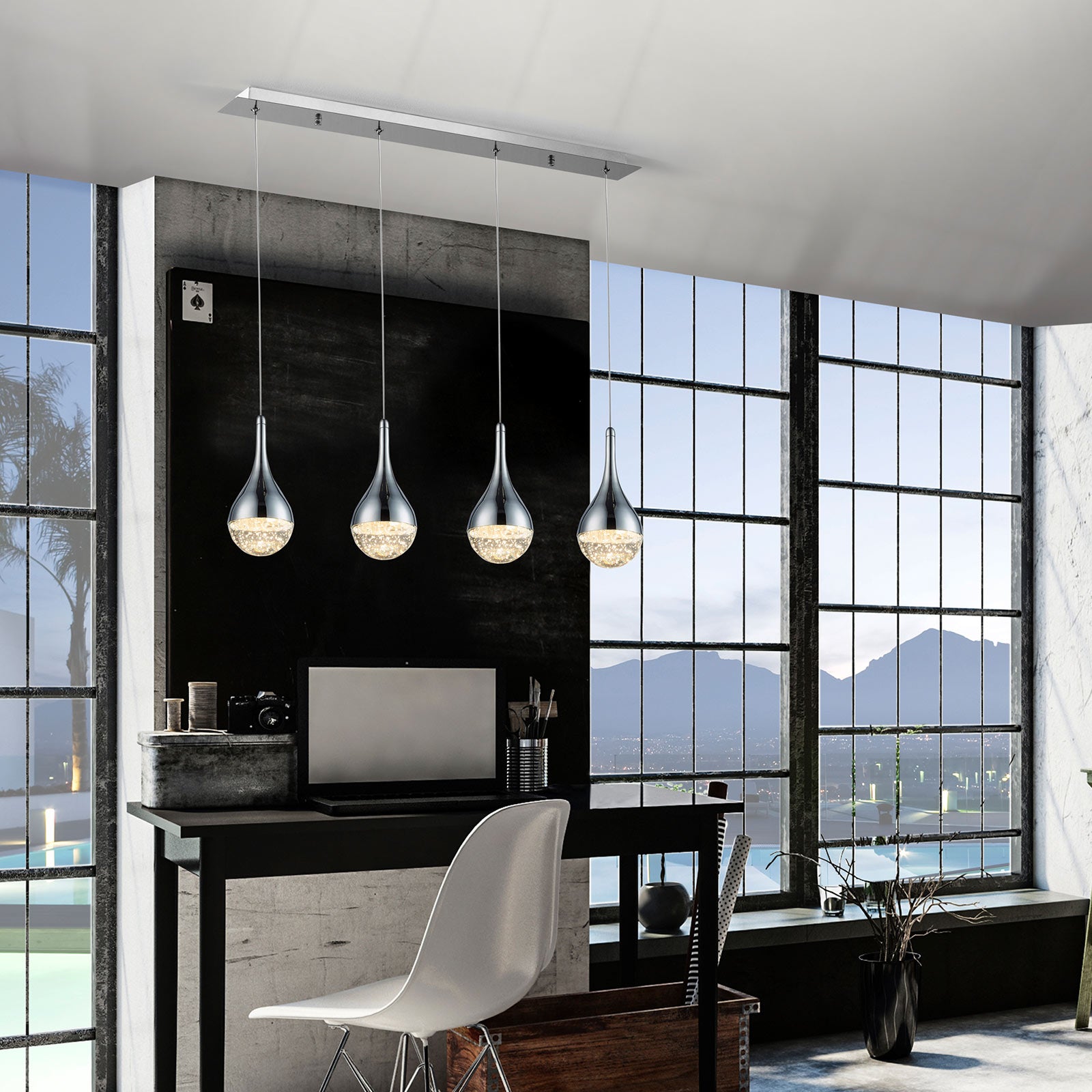 LED pendellampe Elie 4-lys krom bobleglass bakside