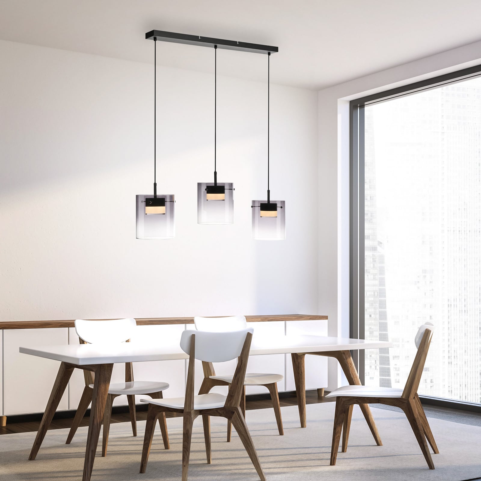 LED pendellampe Elio 3-lys røykglass dimbar svart bakside