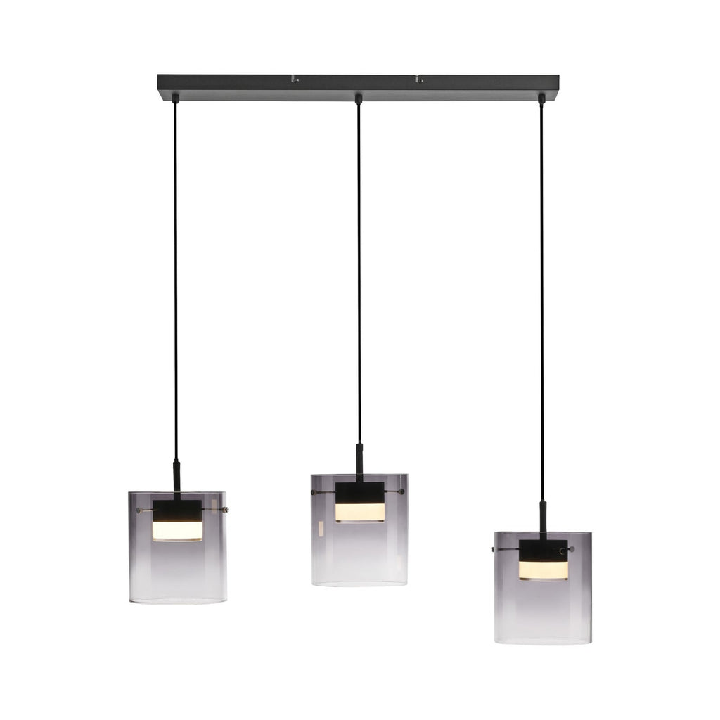 LED pendellampe Elio 3-lys røykglass dimbar svart med lys på