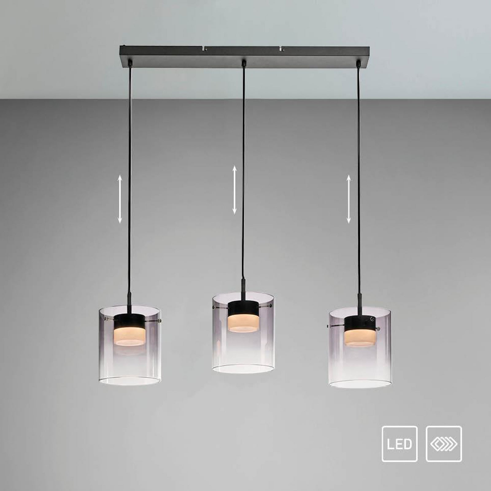 LED pendellampe Elio 3-lys røykglass dimbar svart detalj av metallramme