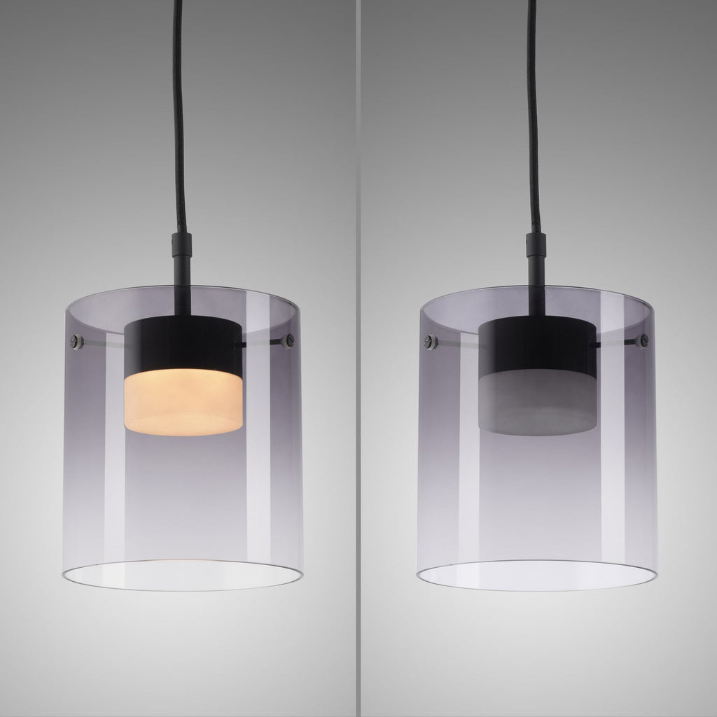 LED pendellampe Elio røykglass dimbar Ø16 cm varmhvit lys på