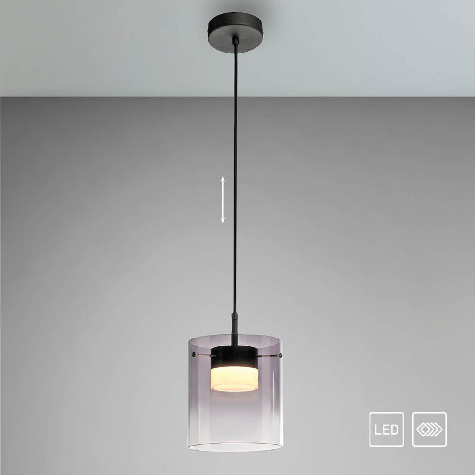 LED pendellampe Elio røykglass dimbar Ø16 cm varmhvit detalj oppheng