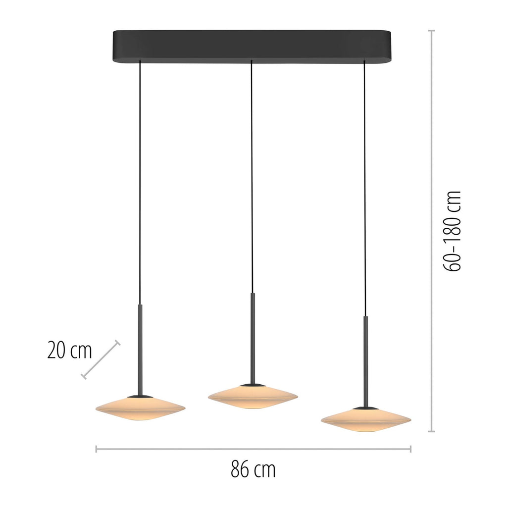 LED pendellampe Elipsa 3-lys dimbar hvit/svart 86 cm detalj av lampeskjerm
