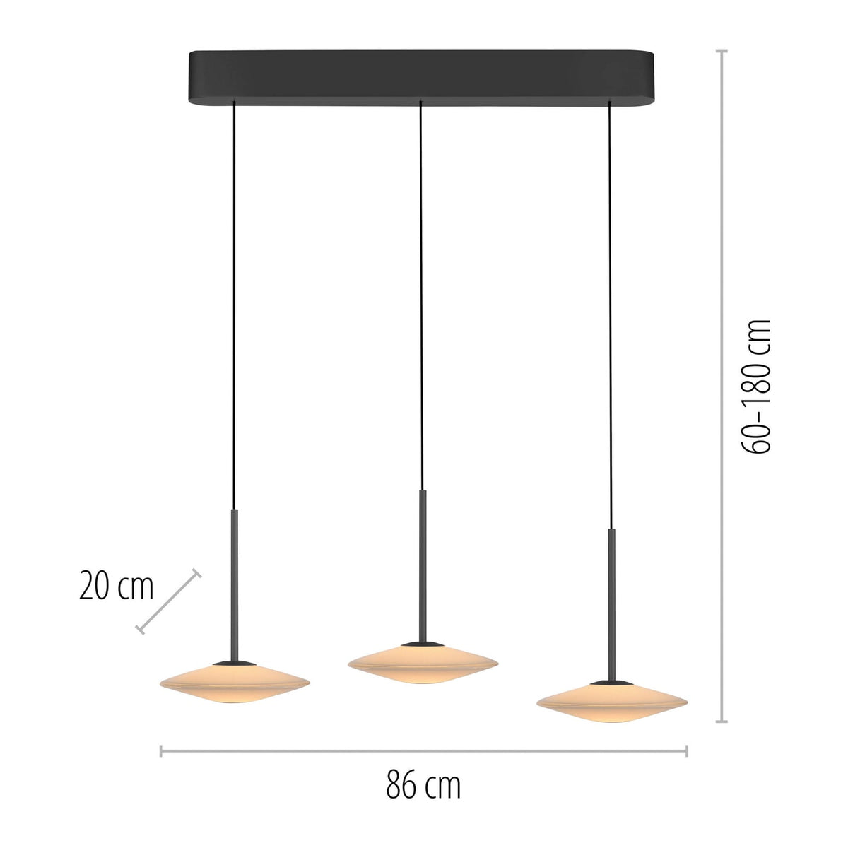 LED pendellampe Elipsa 3-lys dimbar hvit/svart 86 cm detalj av lampeskjerm