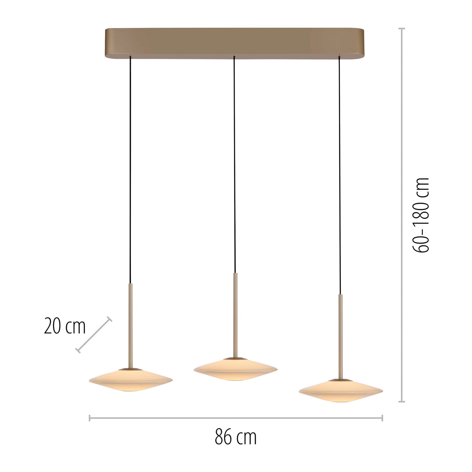 Detalj av LED pendellampe Elipsa 3-lys hvit/bronse dimbar 86 cm