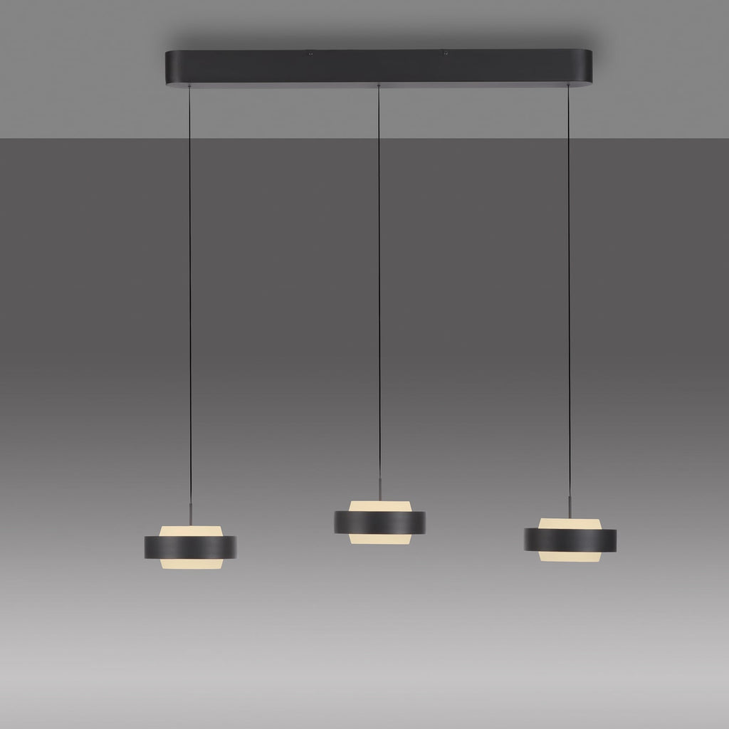 LED pendellampe Elmo 3-lys svart glass dimbar 3000K nærbilde av glass