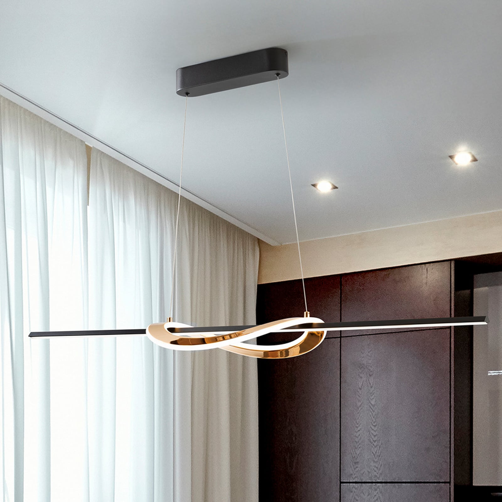 LED pendellampe Enora svart/gull CCT dimbar 120 cm montert