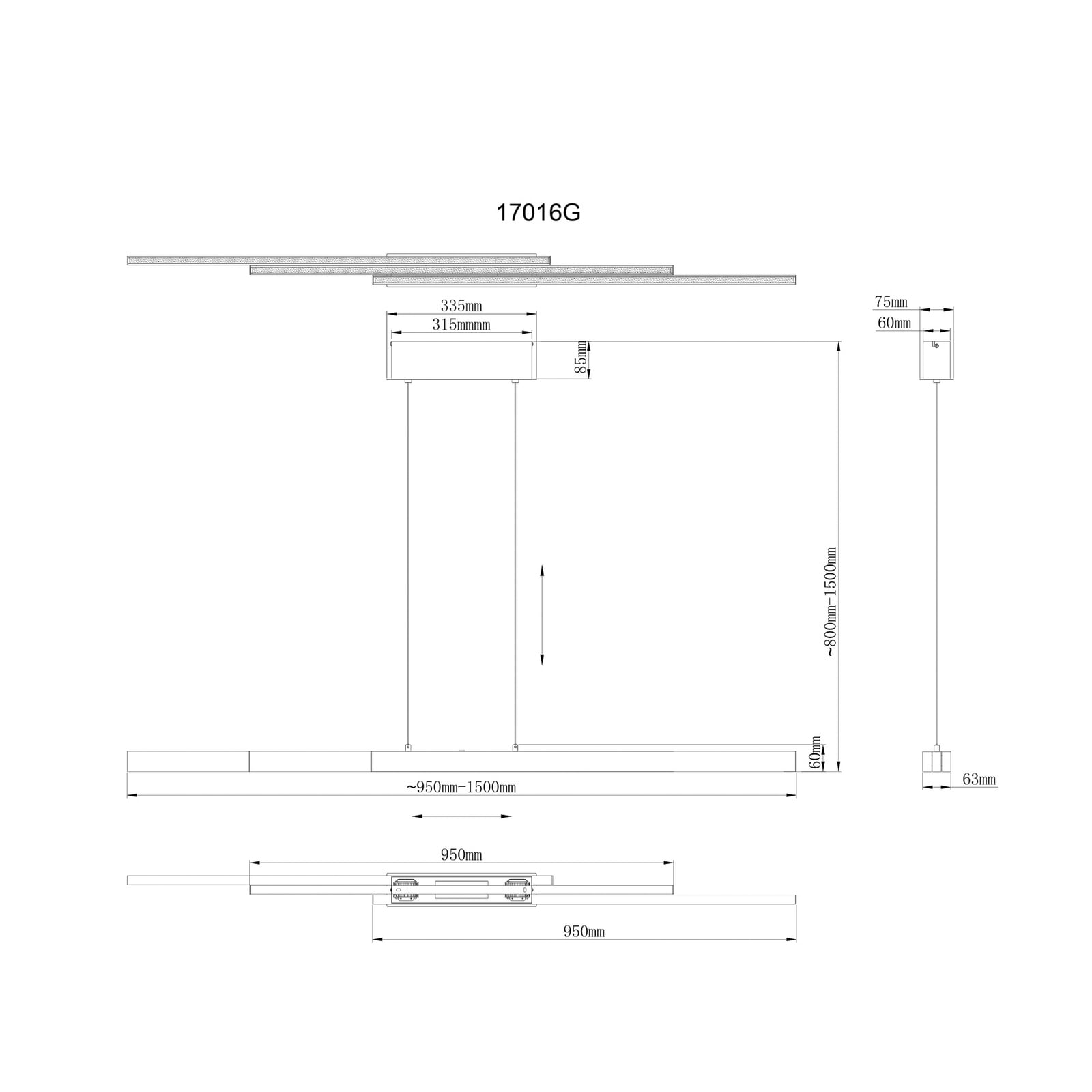 LED pendellampe Ethan messingfarget CCT dimbar 150 cm opphengsdetalj