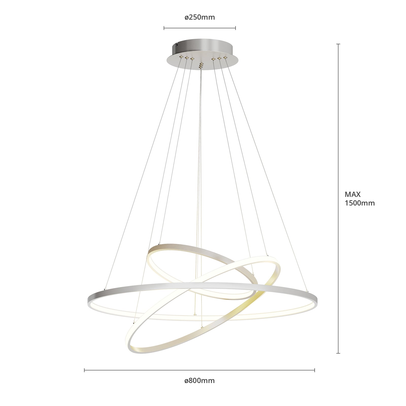 Sidevisning av LED pendellampe Ezana nikkel 3 ringer