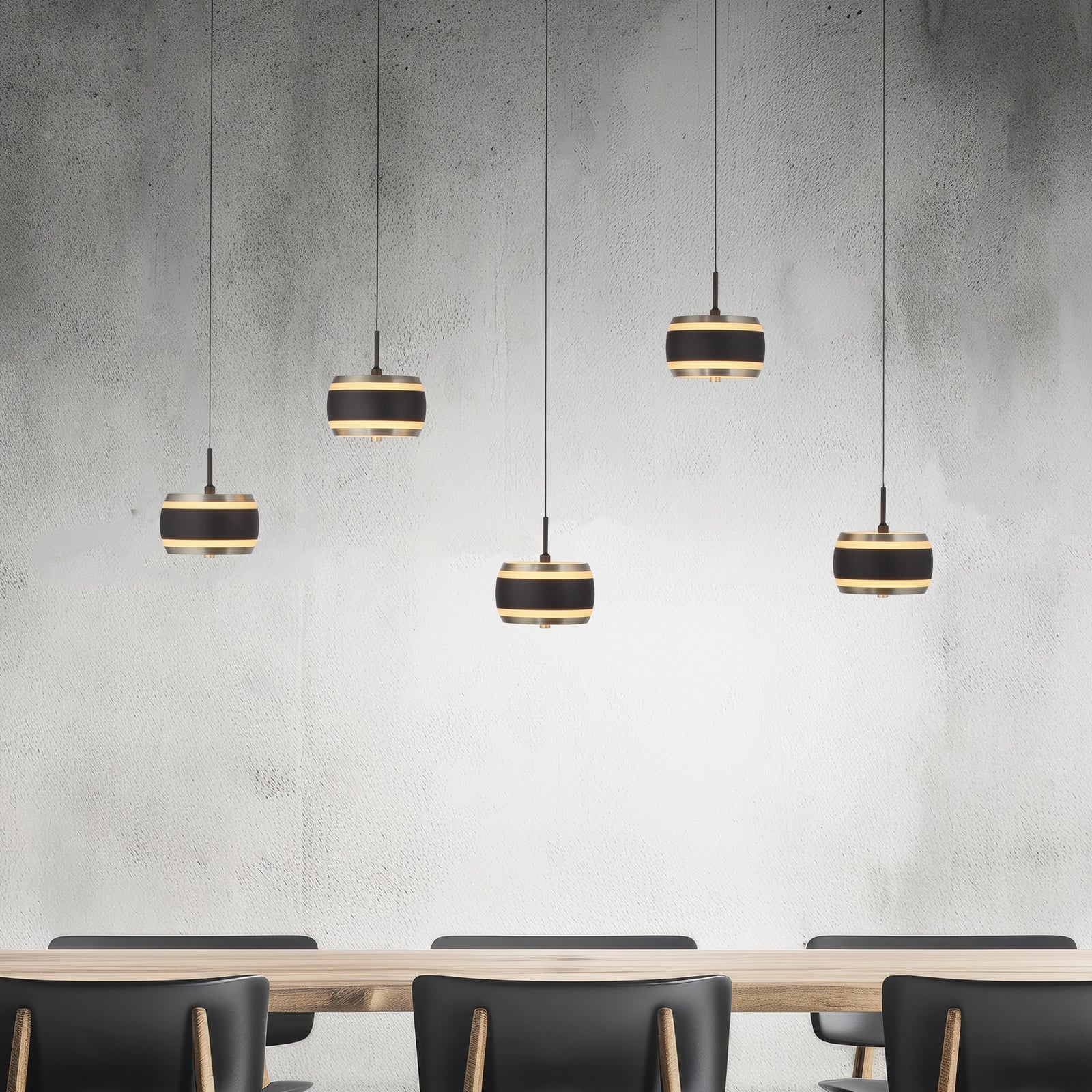 LED pendellampe Falling Rings 5-lys dimbar CCT med fjernkontroll forfra