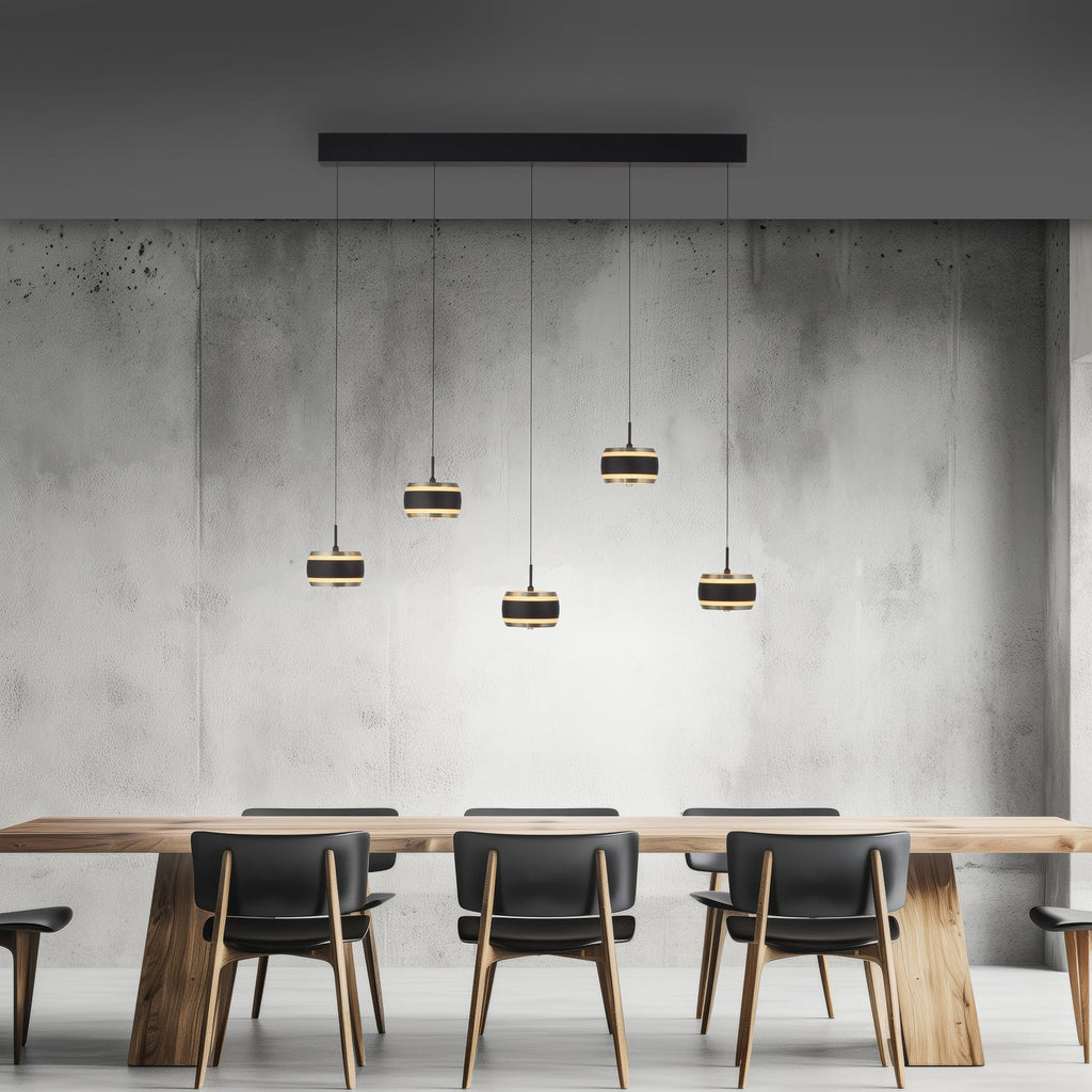 Bakside av LED pendellampe Falling Rings 5-lys dimbar CCT med fjernkontroll