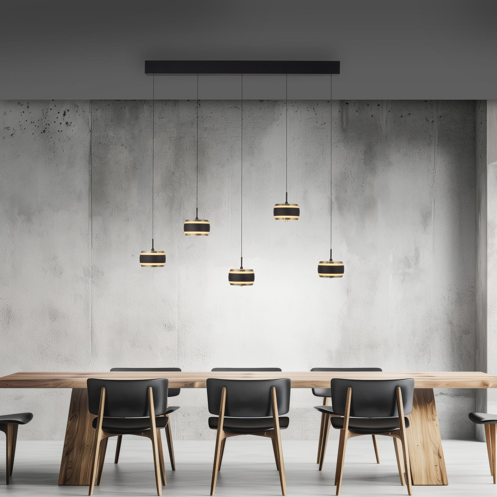 Bakside av LED pendellampe Falling Rings 5-lys dimbar CCT med fjernkontroll
