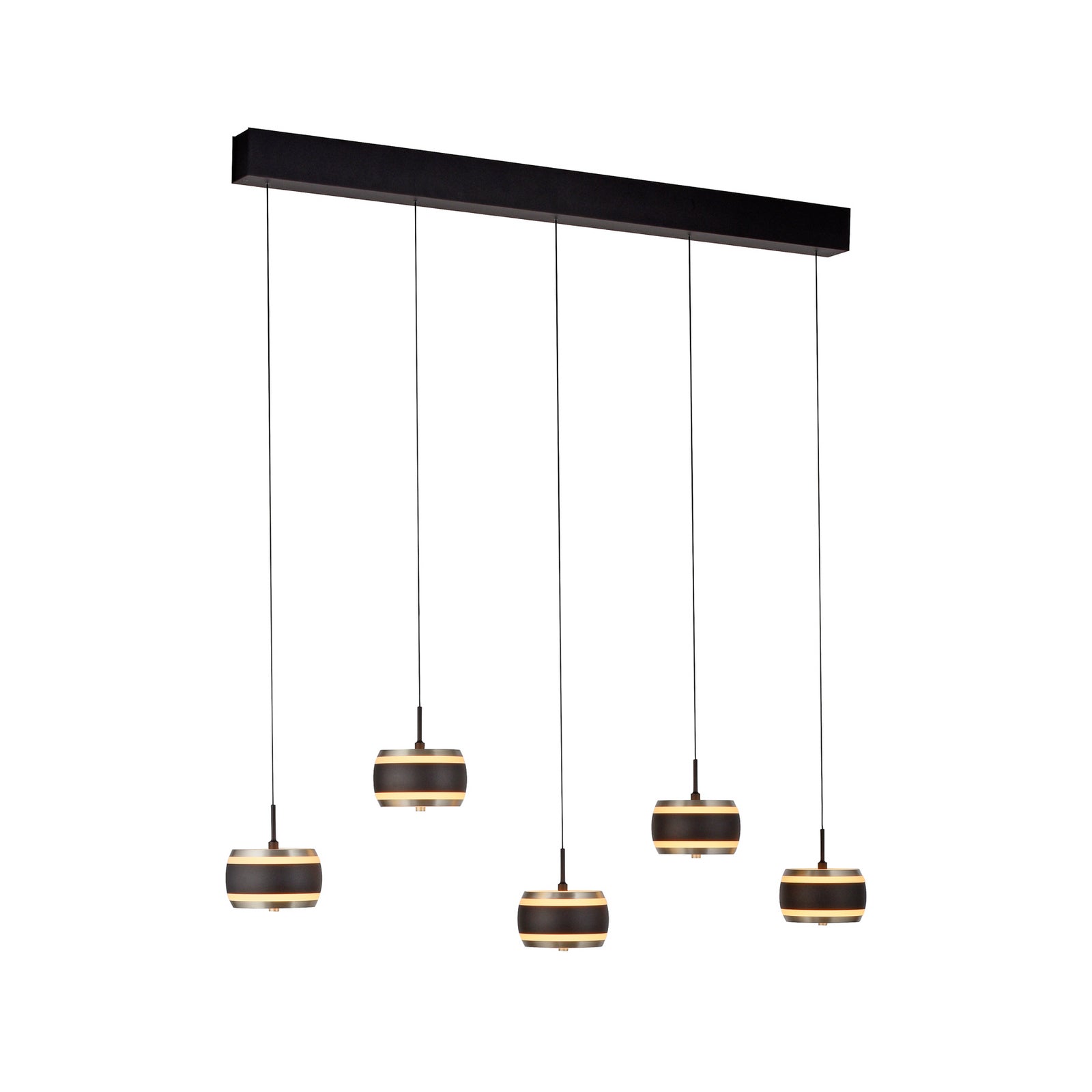 Detalj av LED pendellampe Falling Rings 5-lys dimbar CCT med fjernkontroll i svart stål og glass