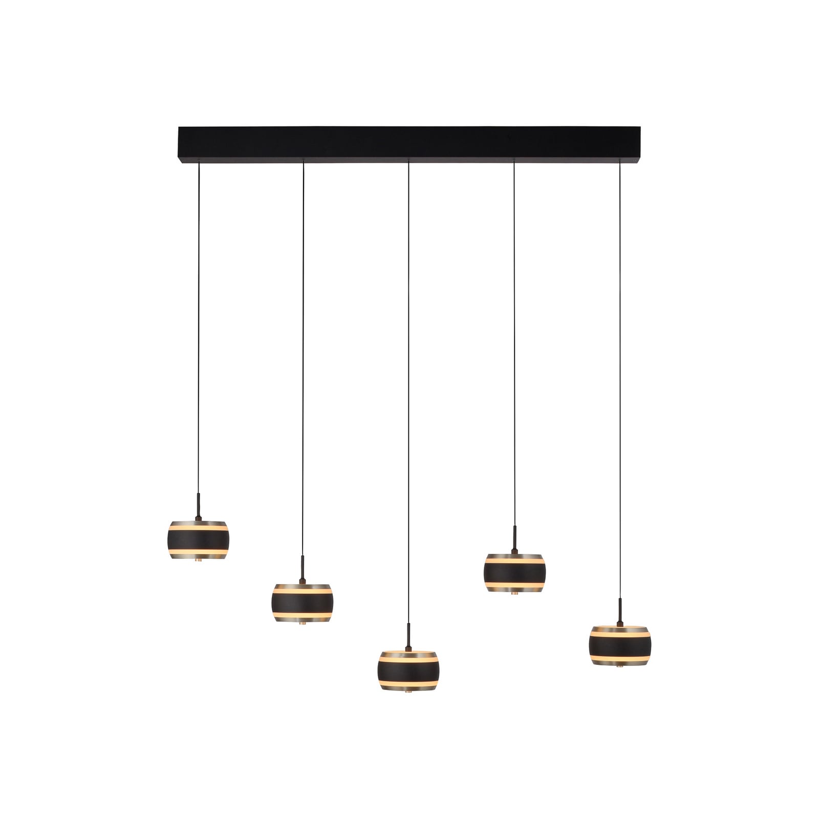 Nærbilde av LED pendellampe Falling Rings 5-lys dimbar CCT med fjernkontroll