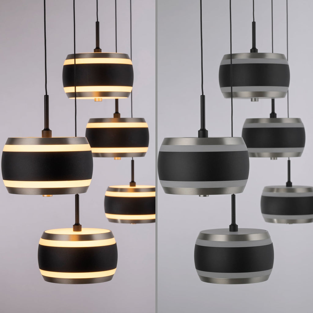 LED pendellampe Falling Rings 5-lys dimbar CCT med fjernkontroll justerbar høyde