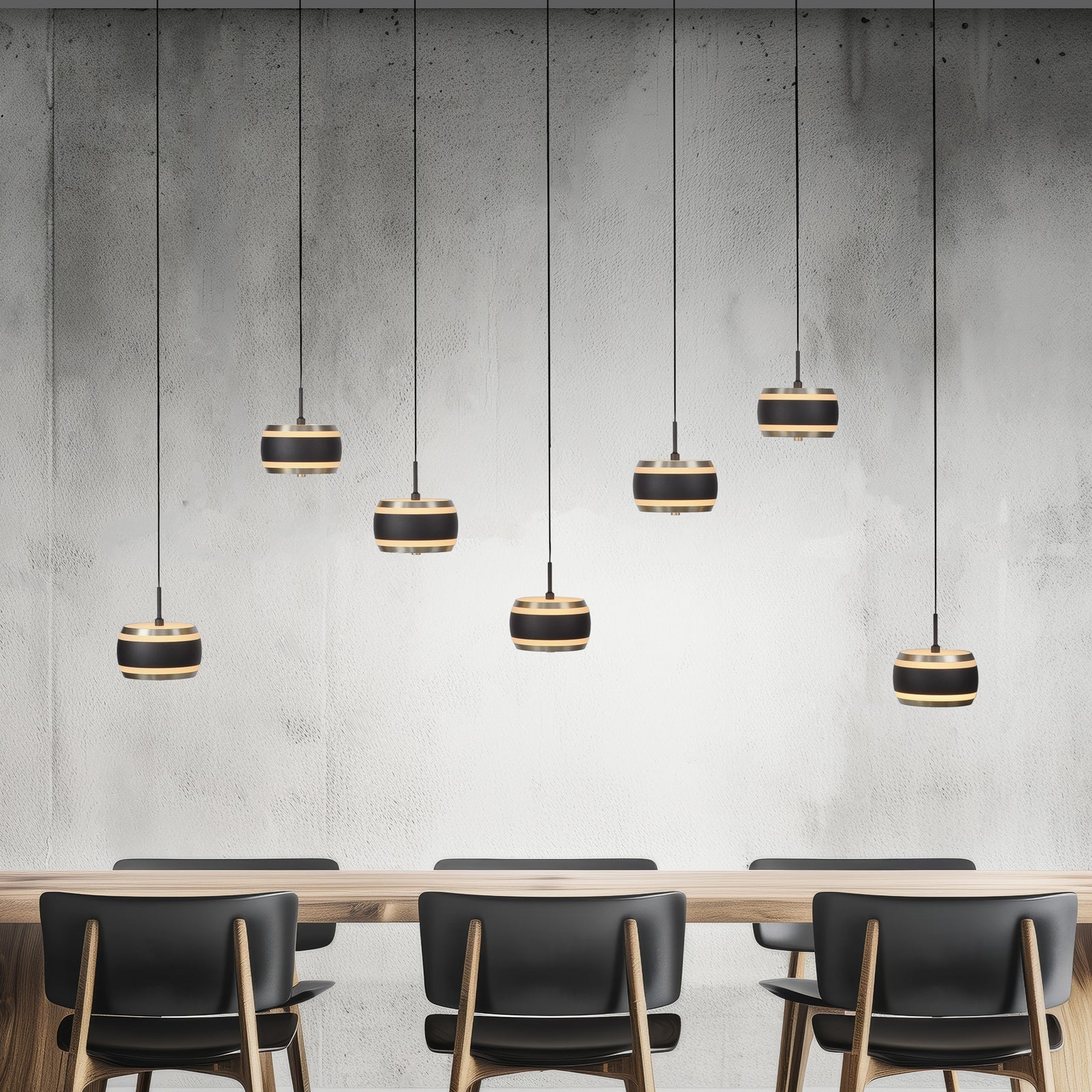 LED pendellampe Falling Rings 7-lys svart CCT dimbar 132 cm forfra