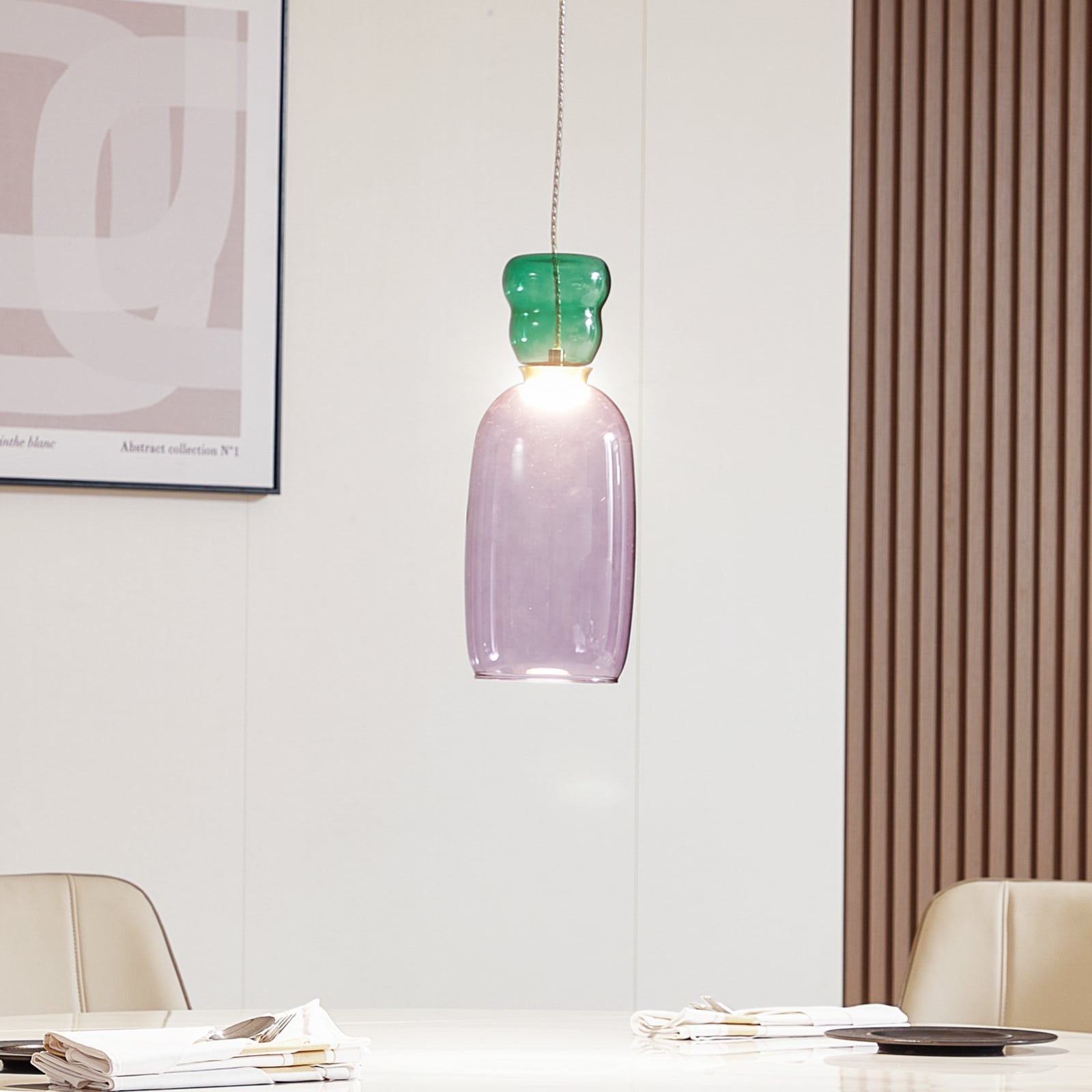 LED pendellampe Fay glass lilla/mørkegrønn forfra