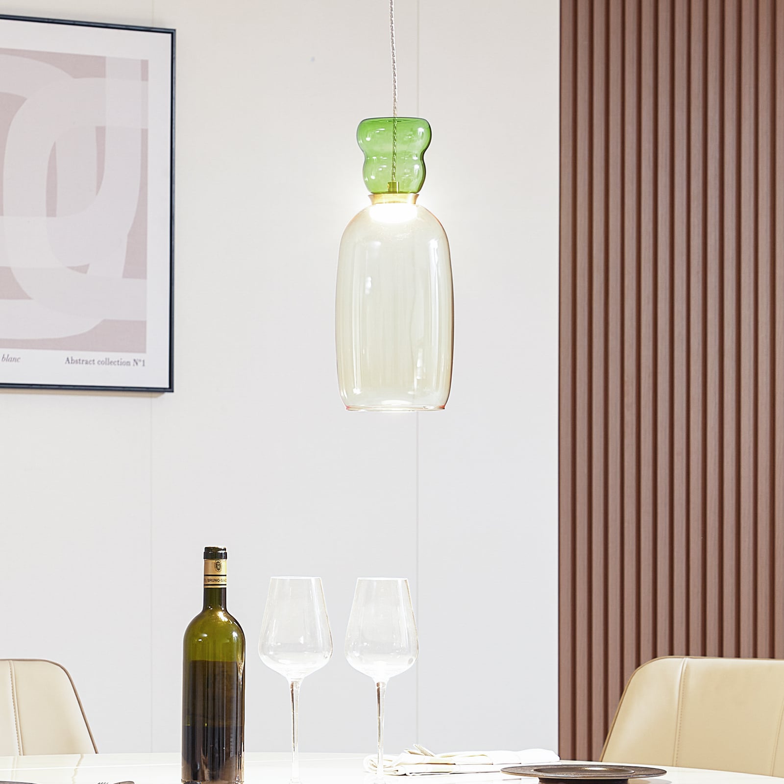 LED pendellampe Fay gul lysgrønn glass forfra