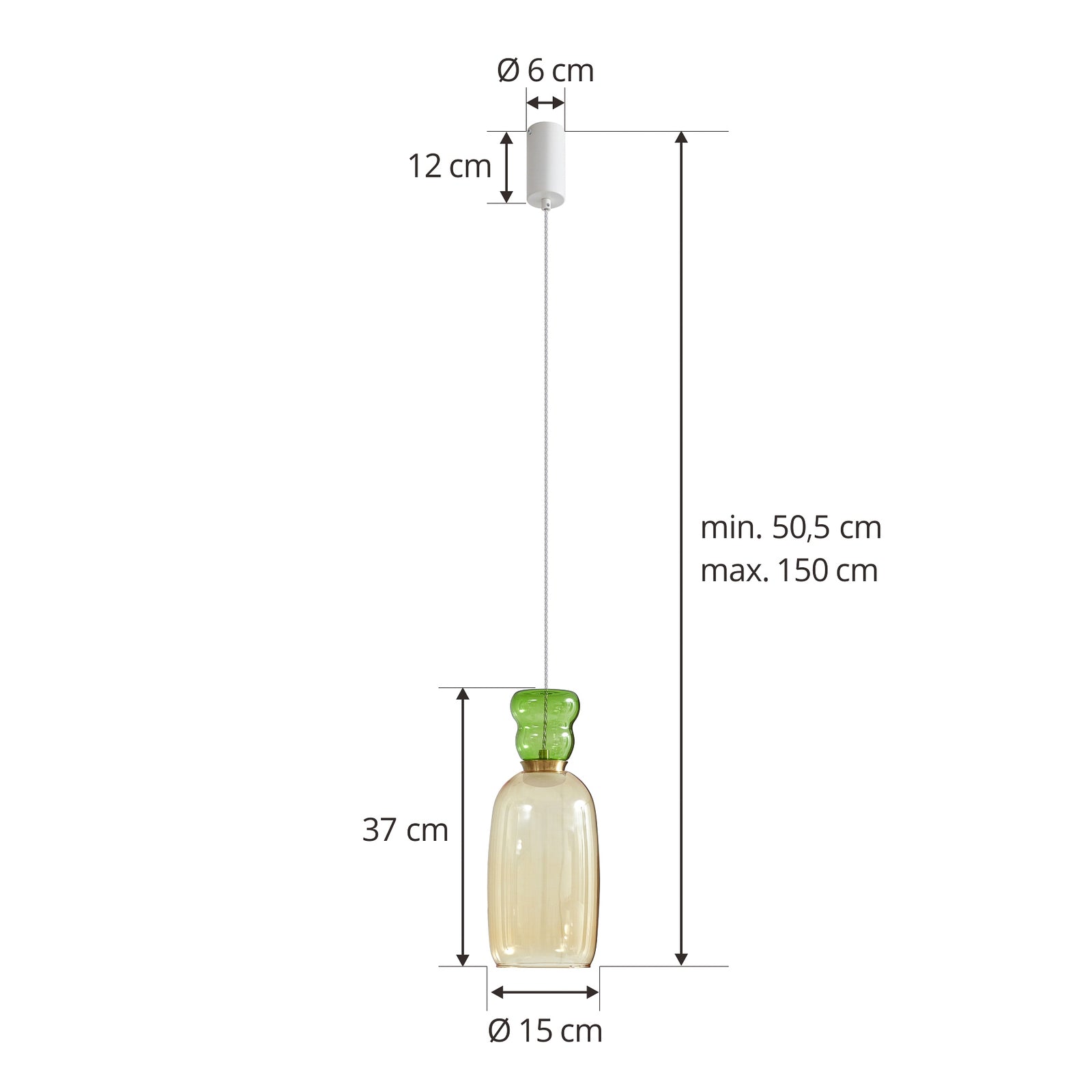 LED pendellampe Fay gul lysgrønn glass montert i rom