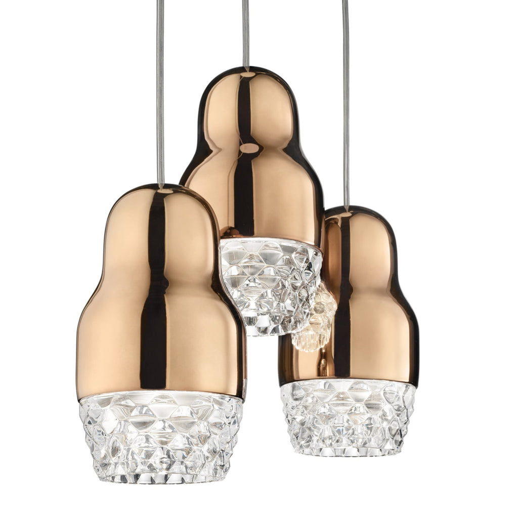 Detalj av klart glass på LED pendellampe Fedora 3-lys aluminium roségull Ø30 cm