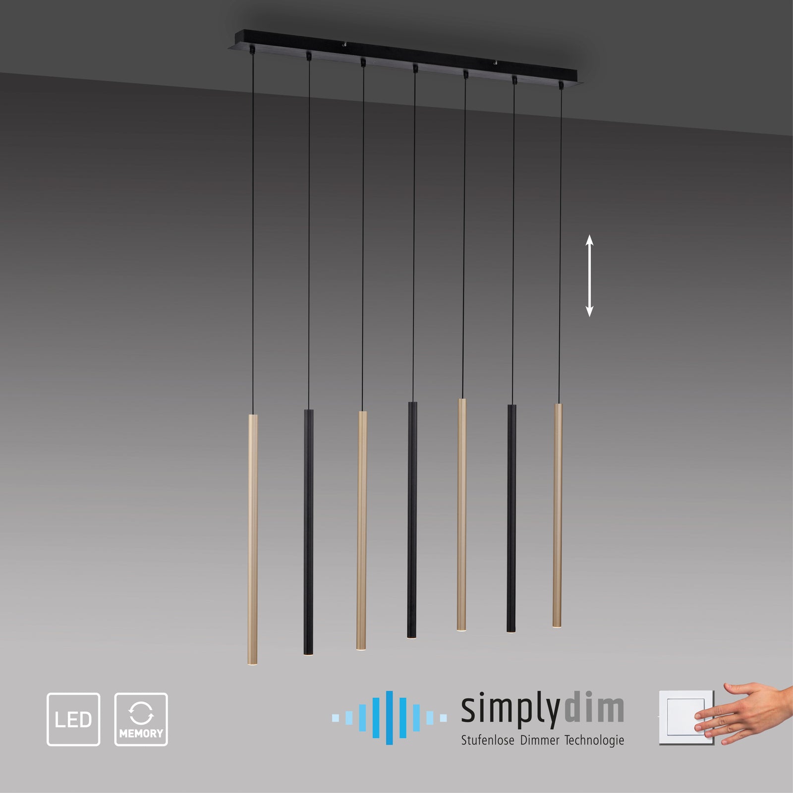 LED pendellampe Flute 7-lys svart/aluminium oppheng