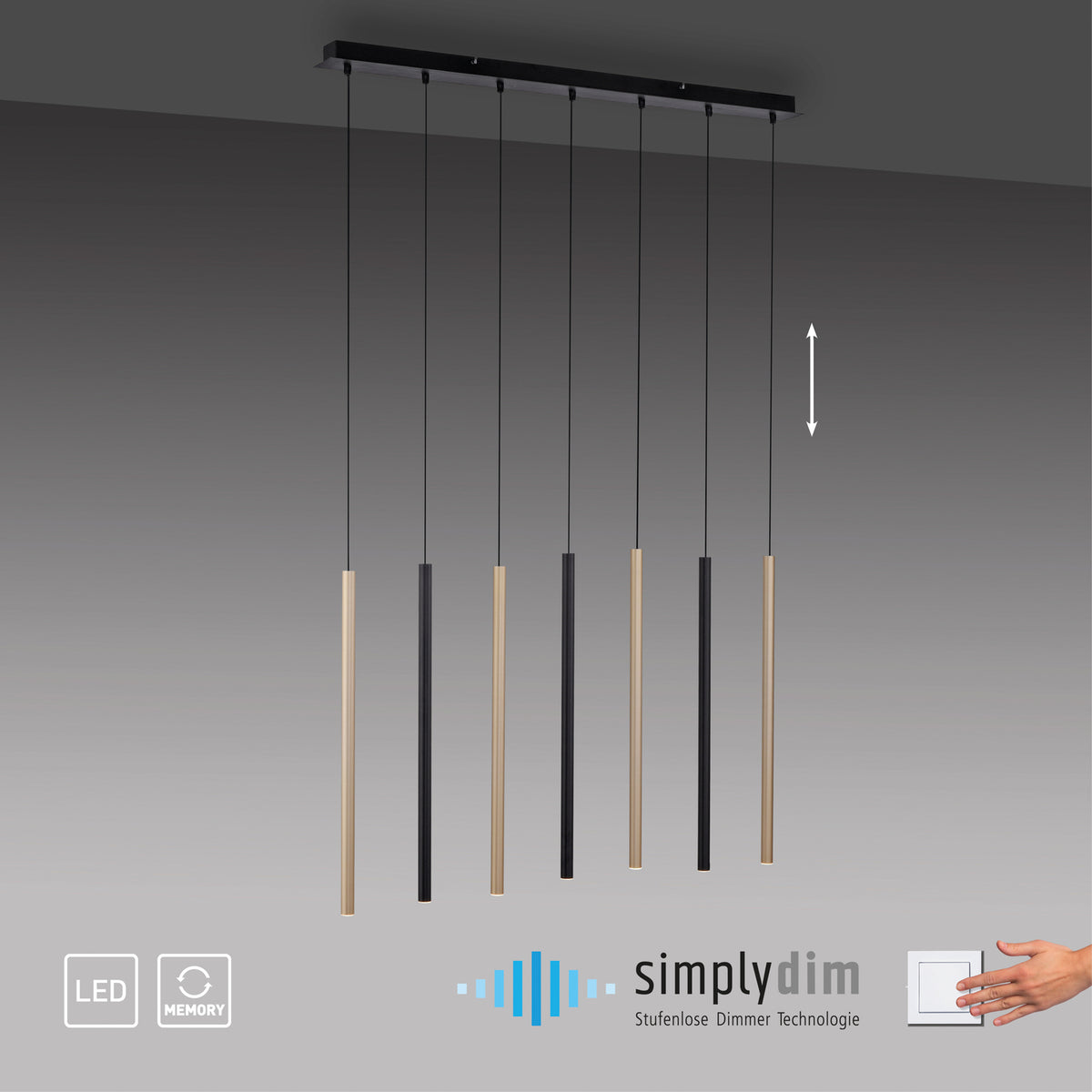 LED pendellampe Flute 7-lys svart/aluminium oppheng