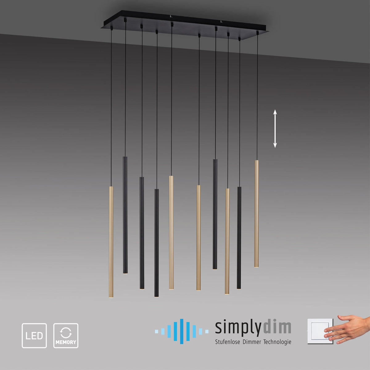 LED pendellampe Flute dimbar 10-lys svart/aluminium oppheng og bryter