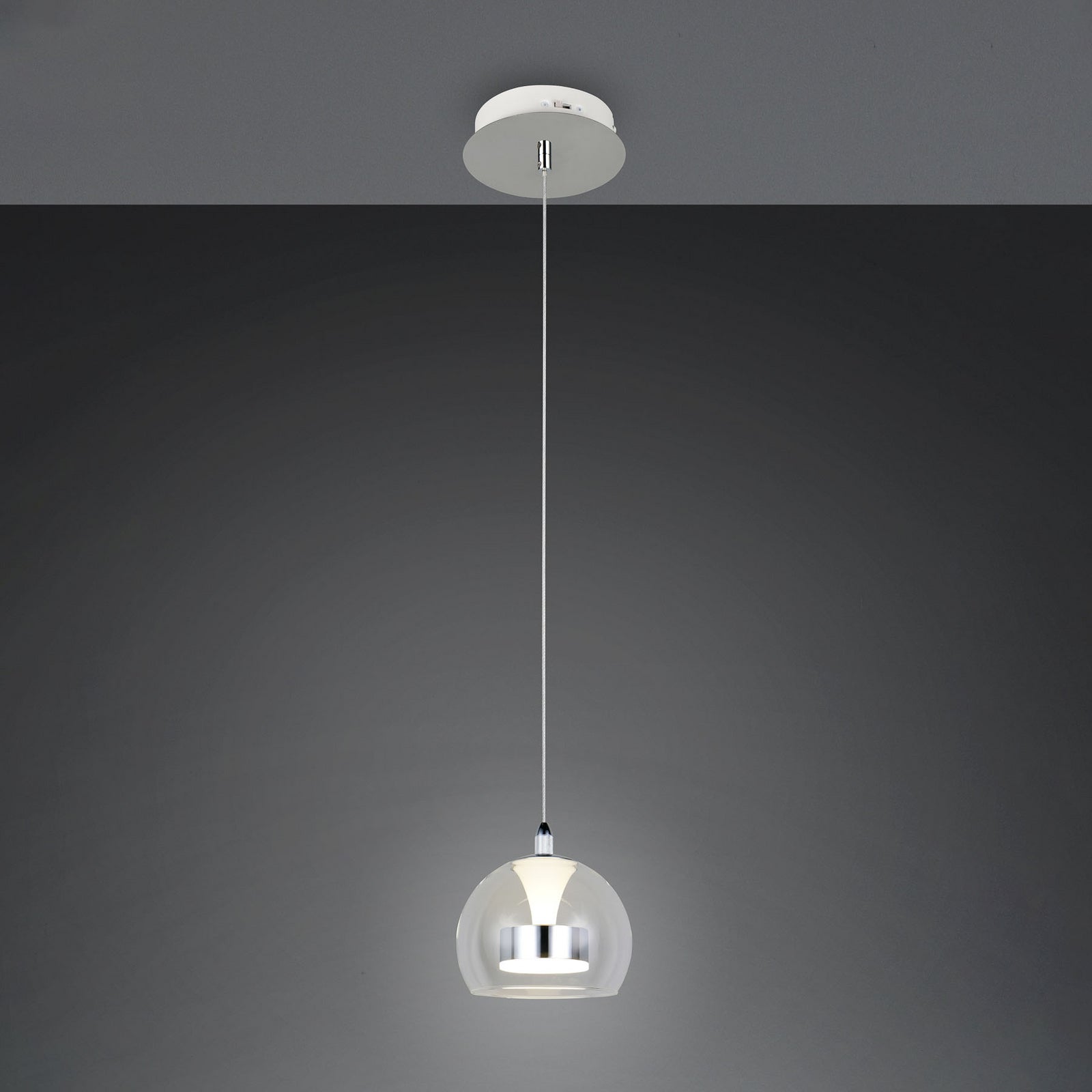 LED pendellampe Flynt krom glass Ø20 cm dimbar CCT nærbilde av oppheng