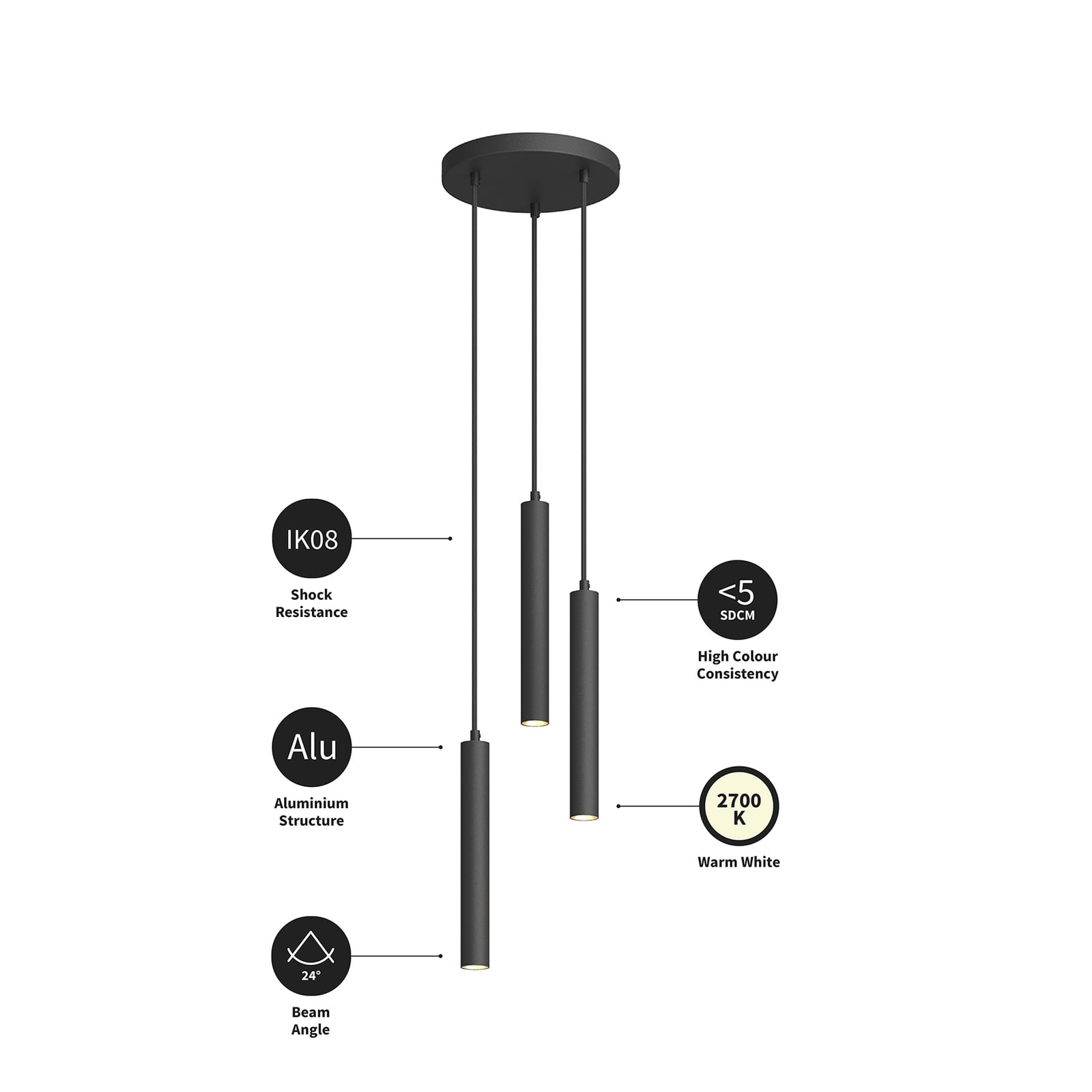 LED pendellampe Franka 3-lys aluminium Ø24 cm svart detalj av lampeskjerm