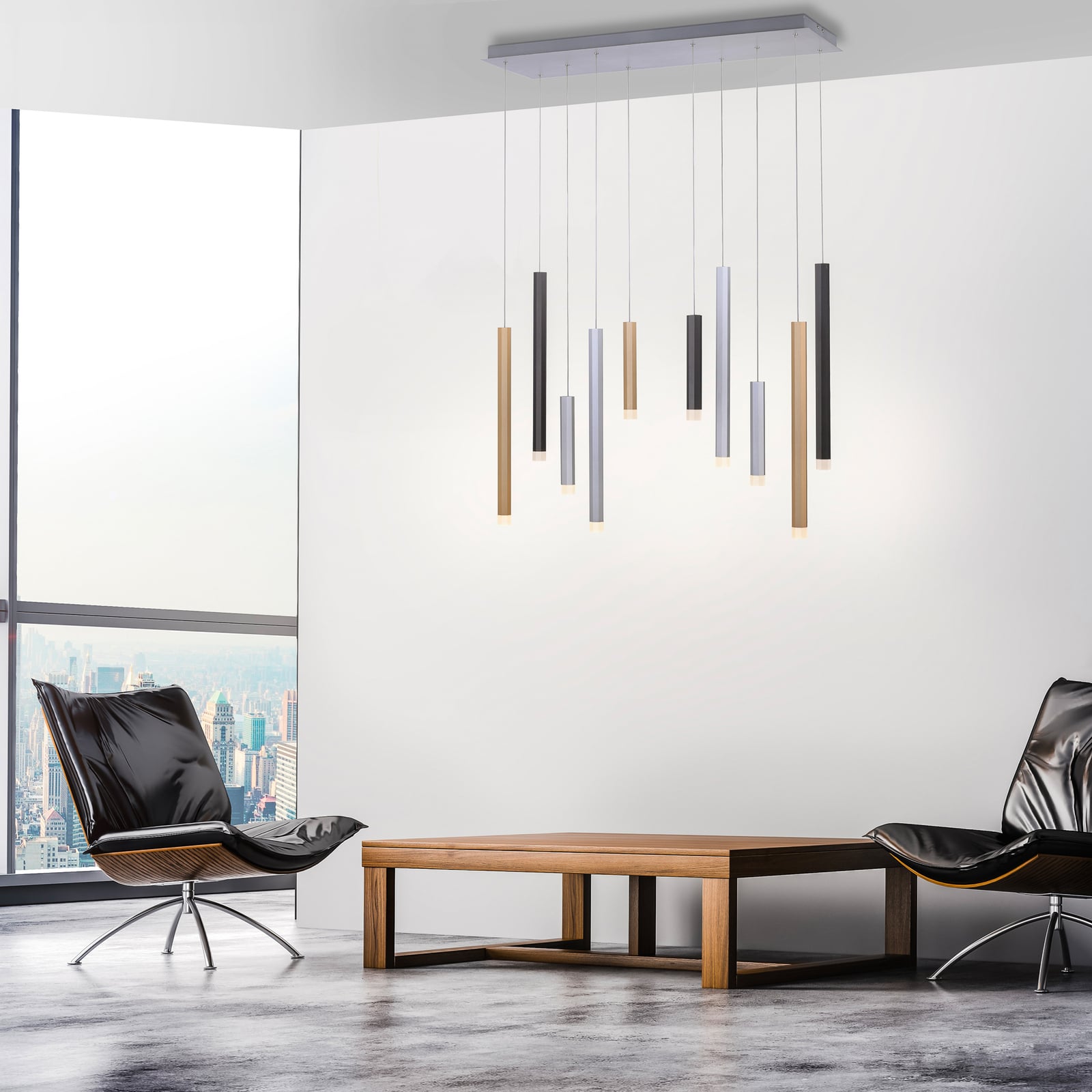 LED pendellampe Gemin 10-lys sølv/svart dimbar 89 cm bakside