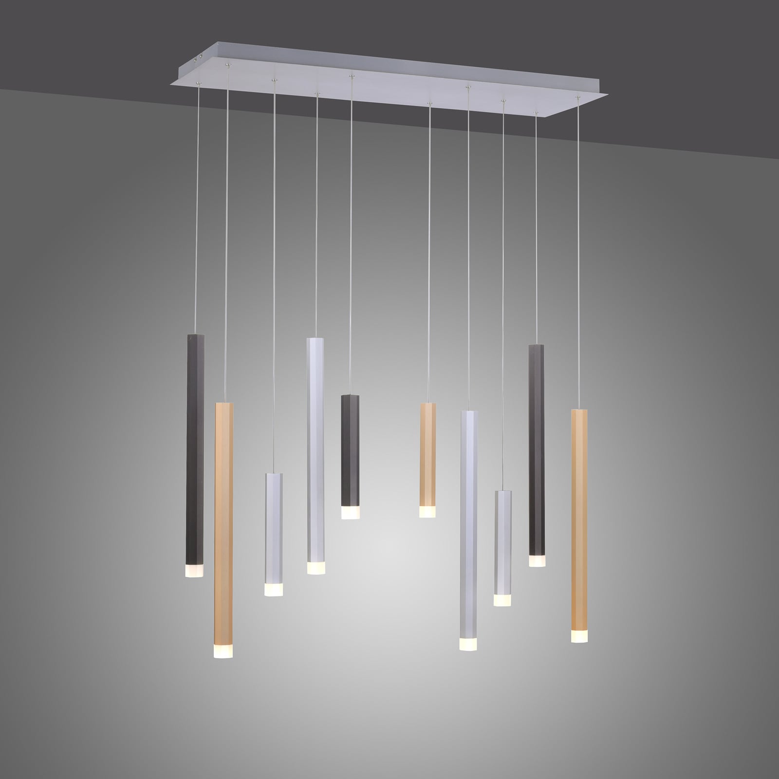 LED pendellampe Gemin 10-lys sølv/svart dimbar 89 cm nærbilde av lampe