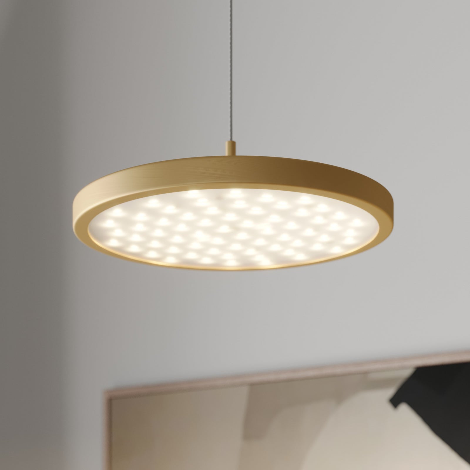 LED pendellampe Gion dimbar hvit/messing med hvit dekorplate