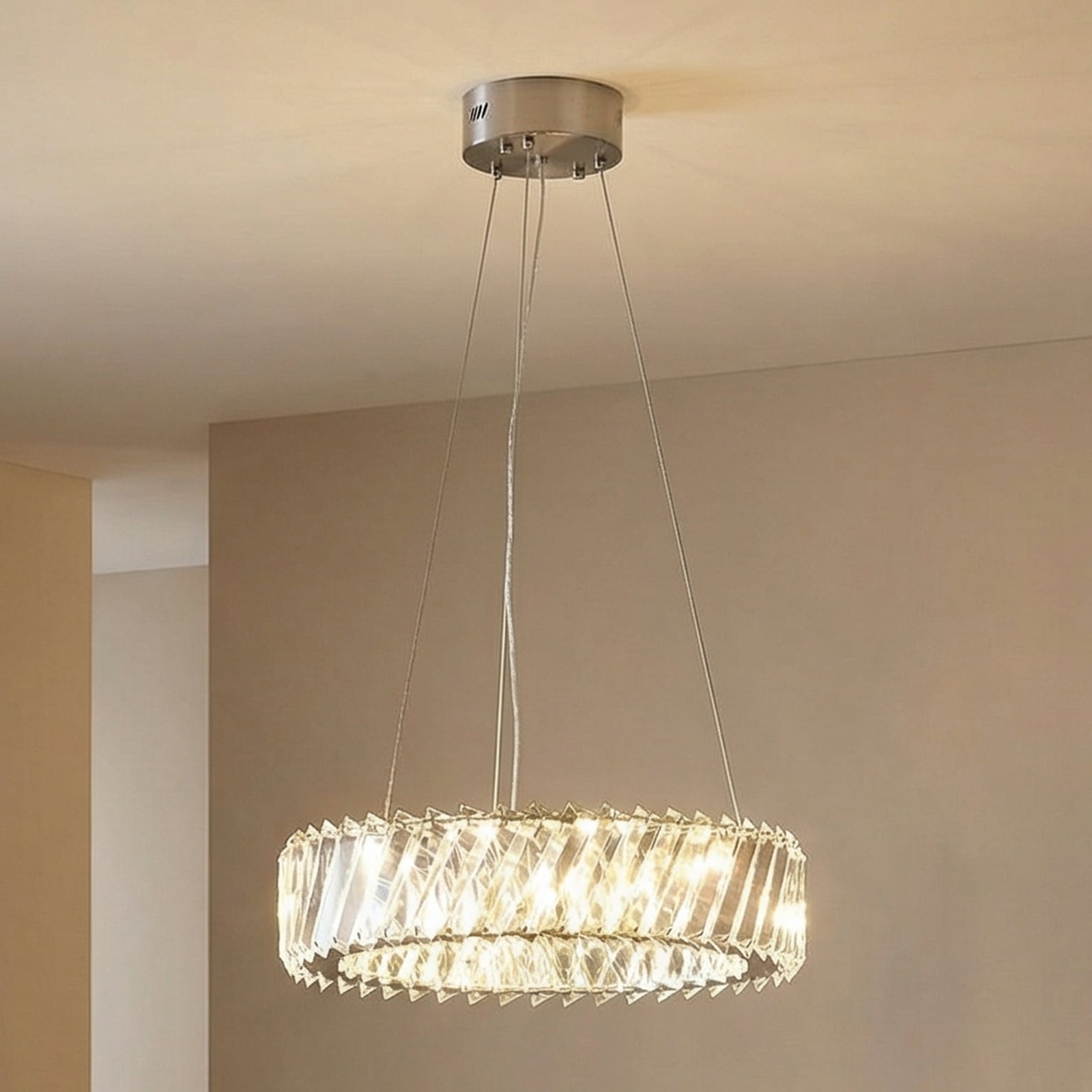 LED pendellampe Glacis krystallglass Ø40 cm krom lysdetalj