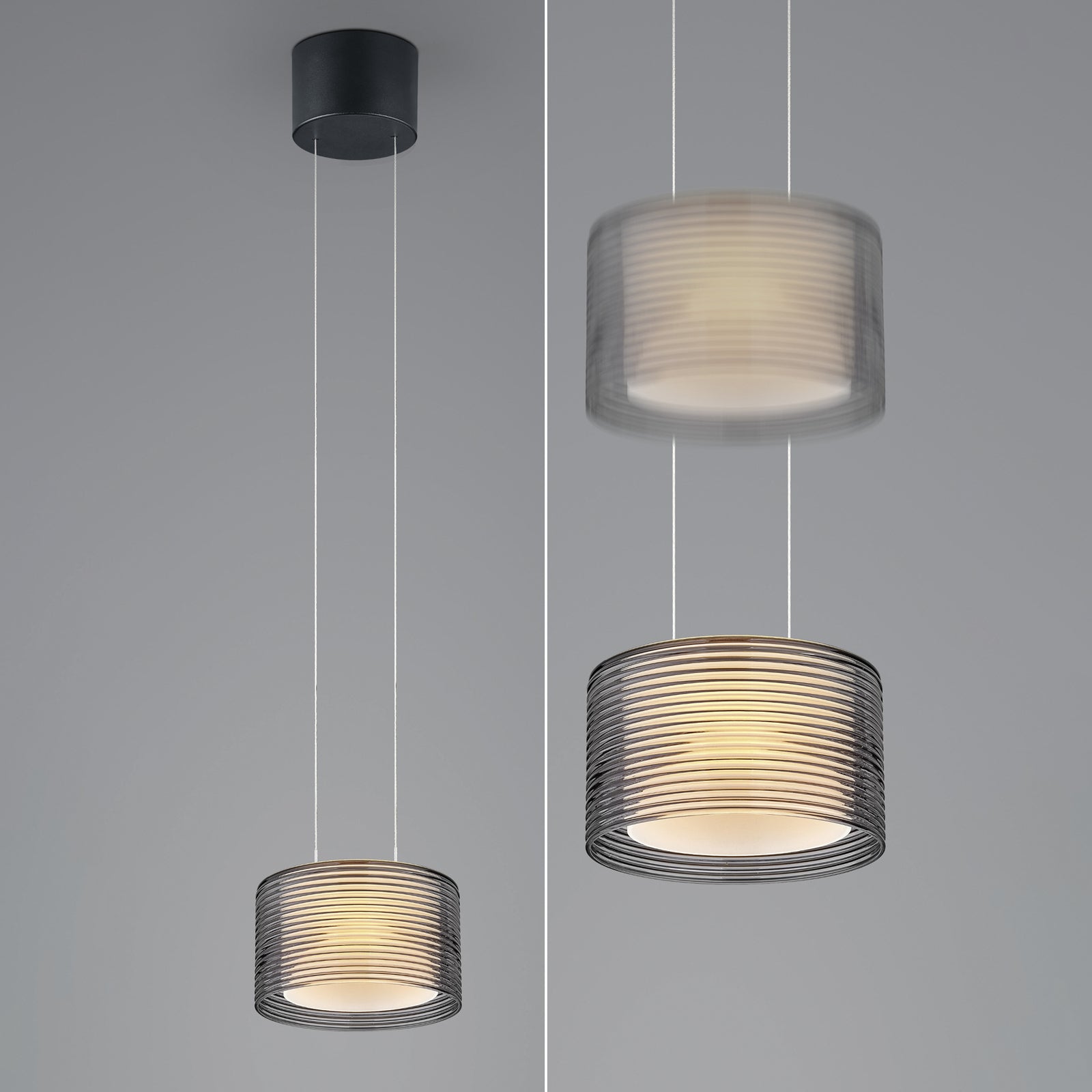 Montert LED pendellampe Grand Groove dimbar glass røykgrå i rom