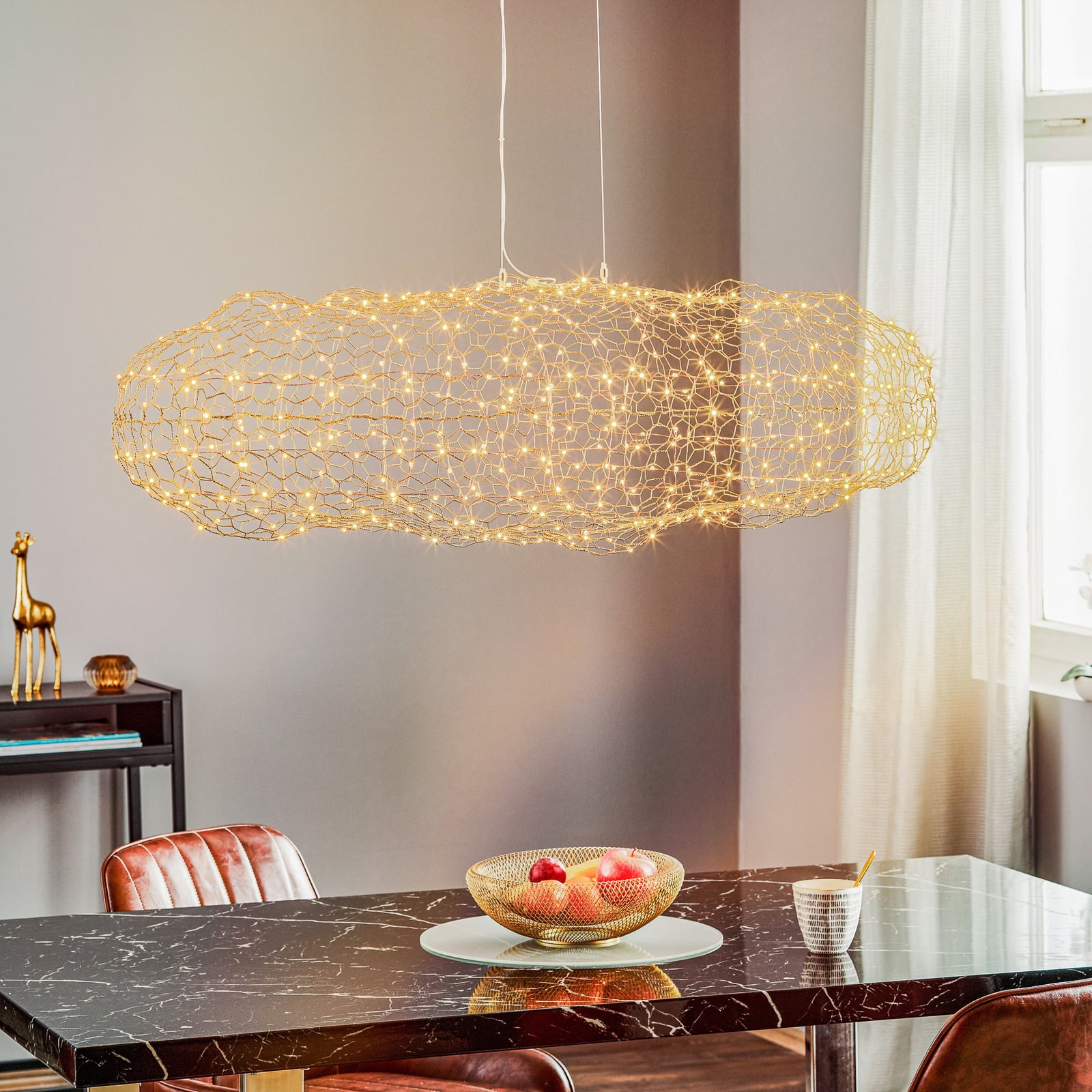 LED pendellampe Hayden skyform metallnett gull forfra