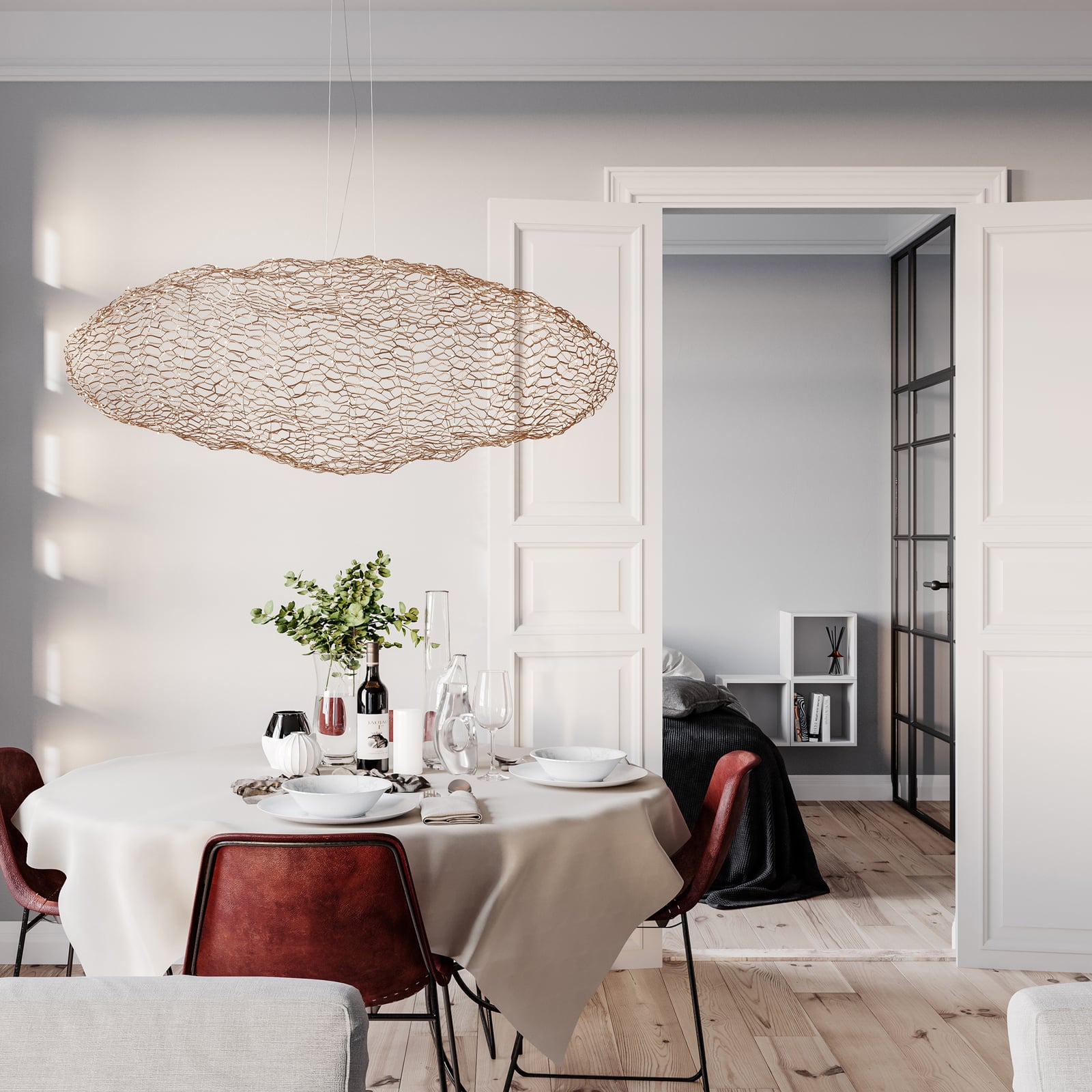 Detalj av metallnett på LED pendellampe Hayden