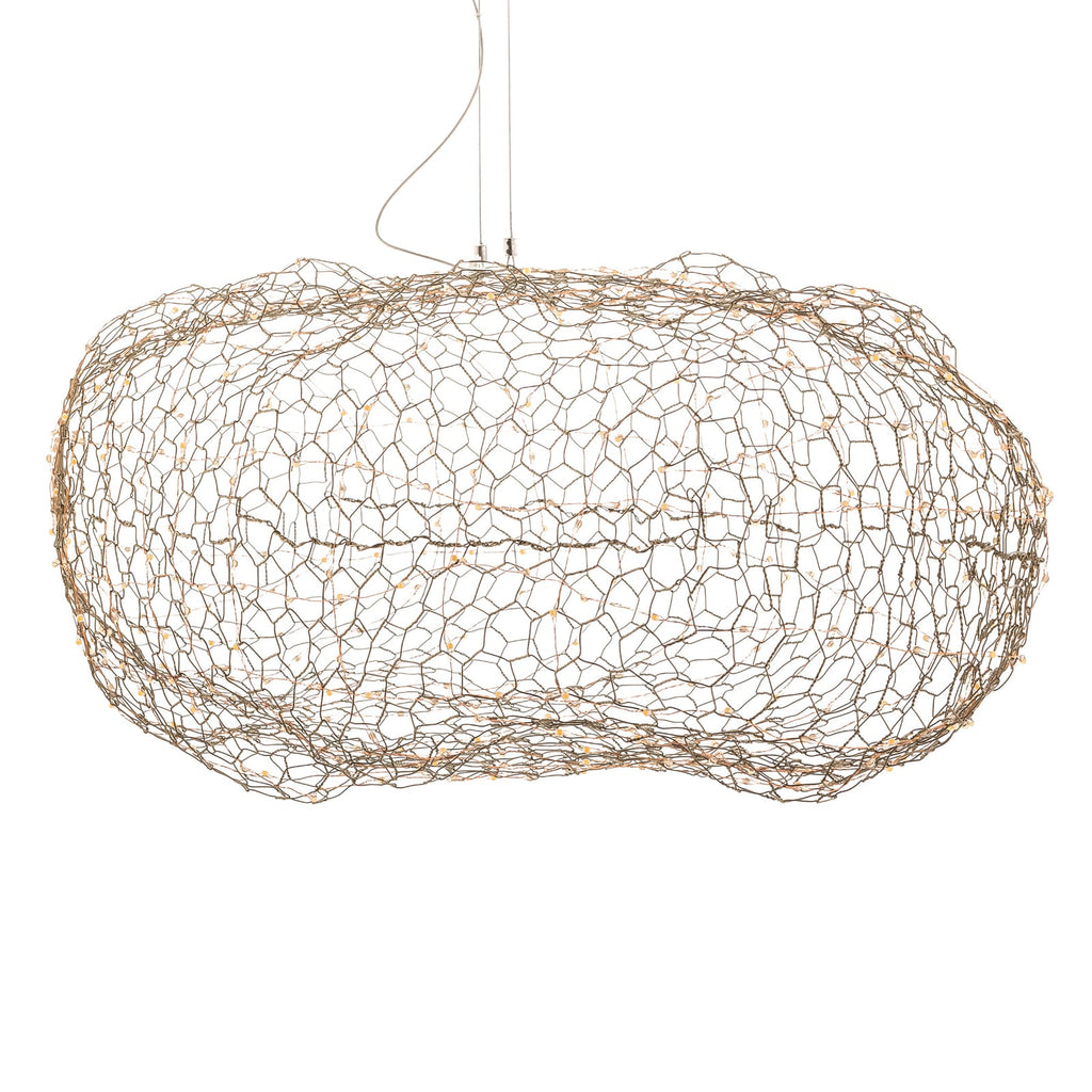 LED pendellampe Hayden skyform metallnett gull sett fra siden