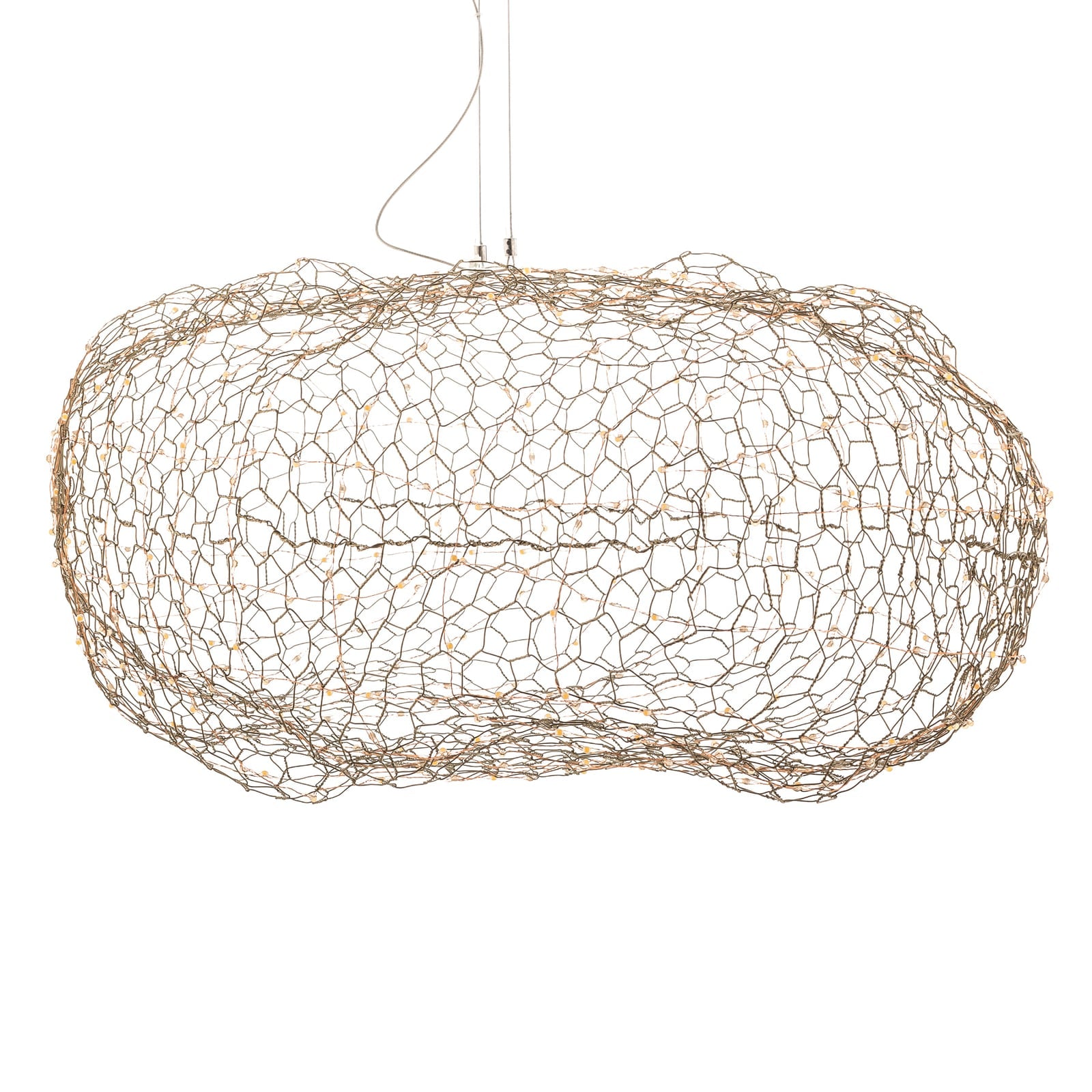 LED pendellampe Hayden skyform metallnett gull sett fra siden