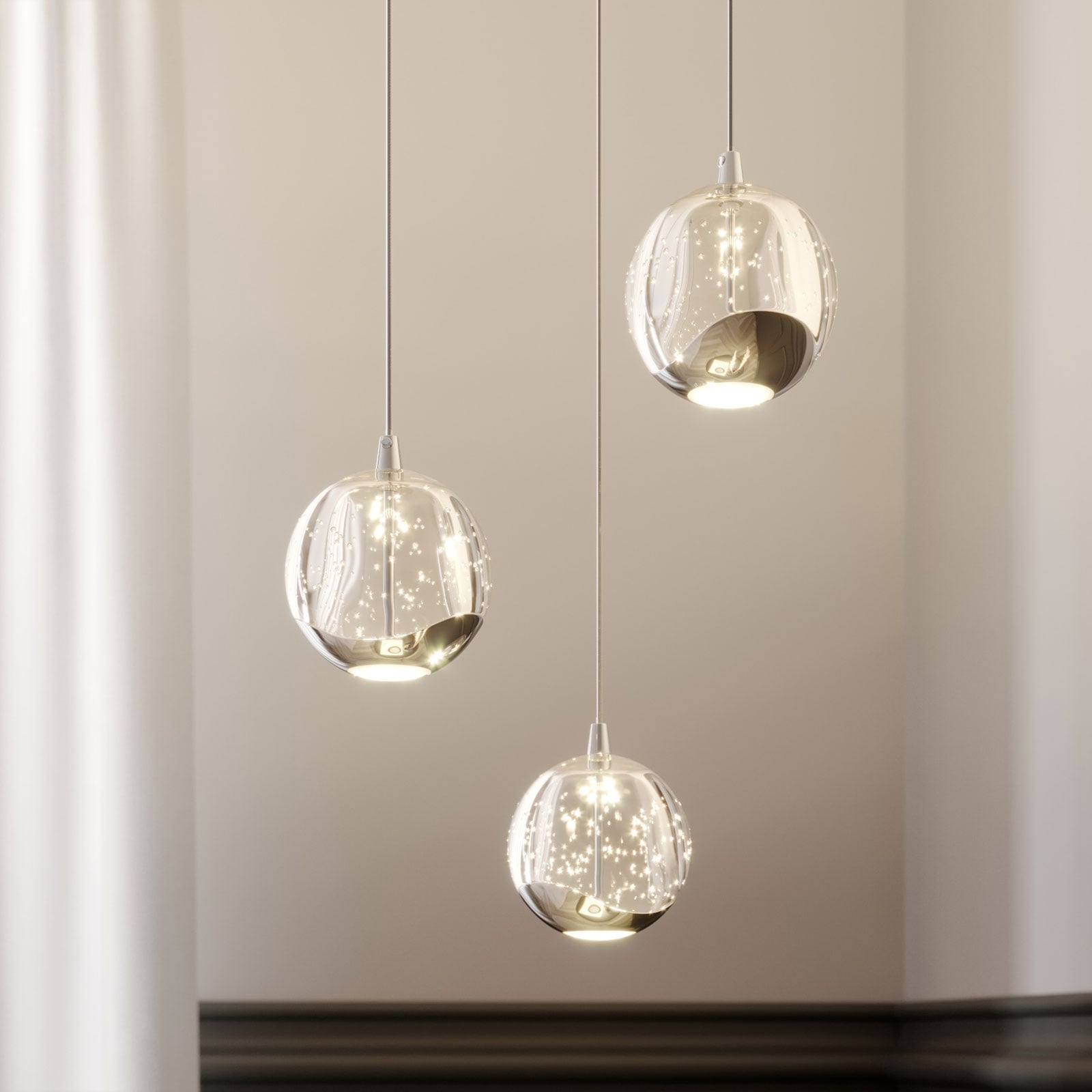 LED pendellampe Hayley 3-lys glass krom Ø25 cm forfra
