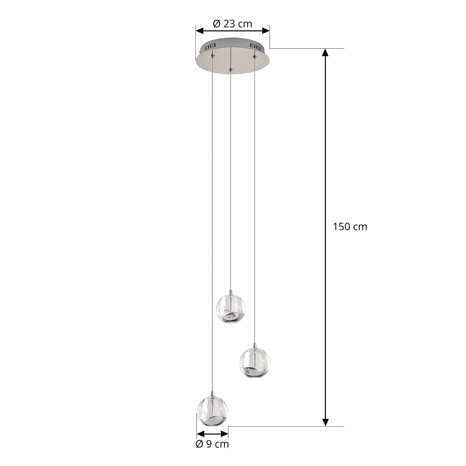 LED pendellampe Hayley 3-lys glass krom Ø25 cm detalj av glasskjerm