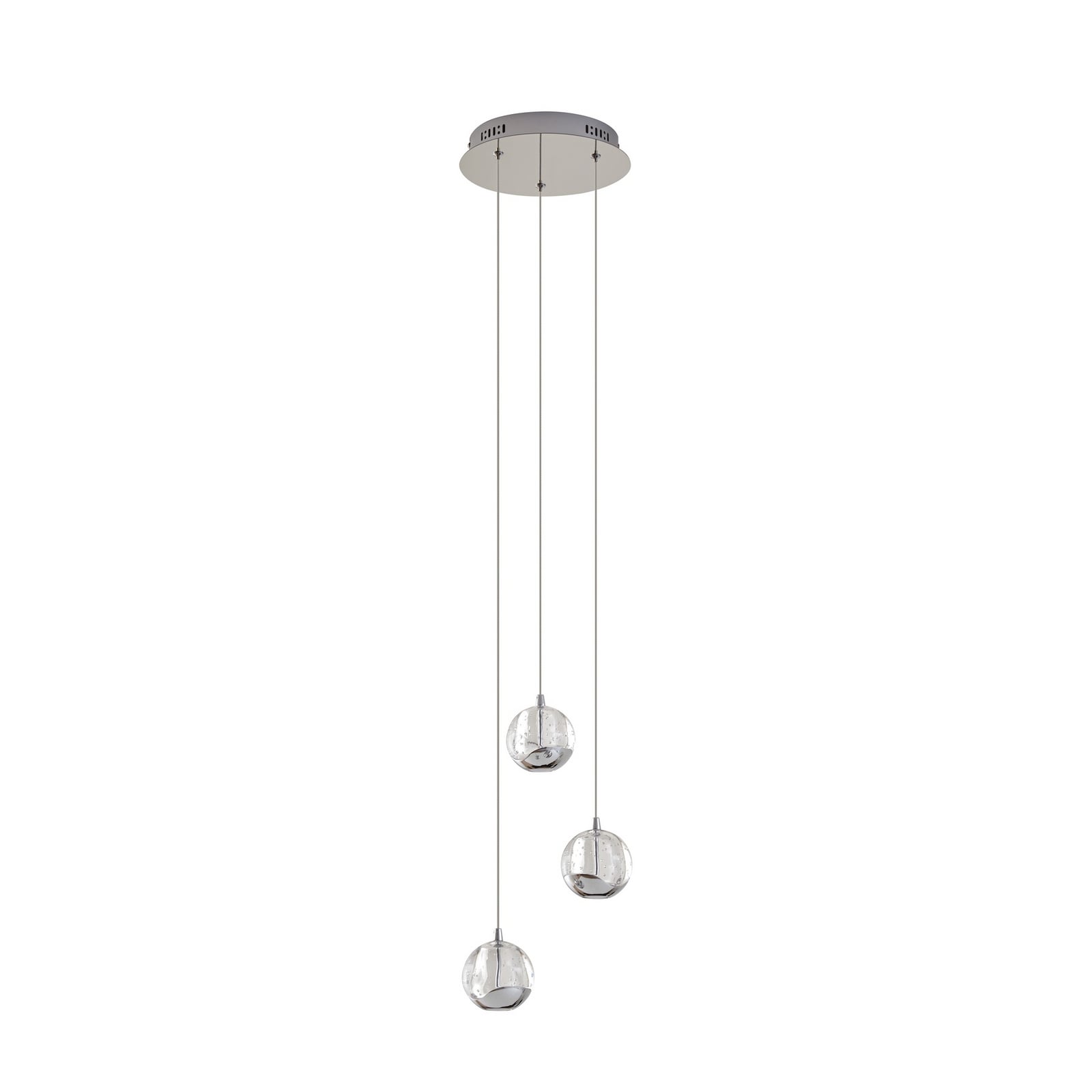 LED pendellampe Hayley 3-lys glass krom Ø25 cm nærbilde av kromdetalj