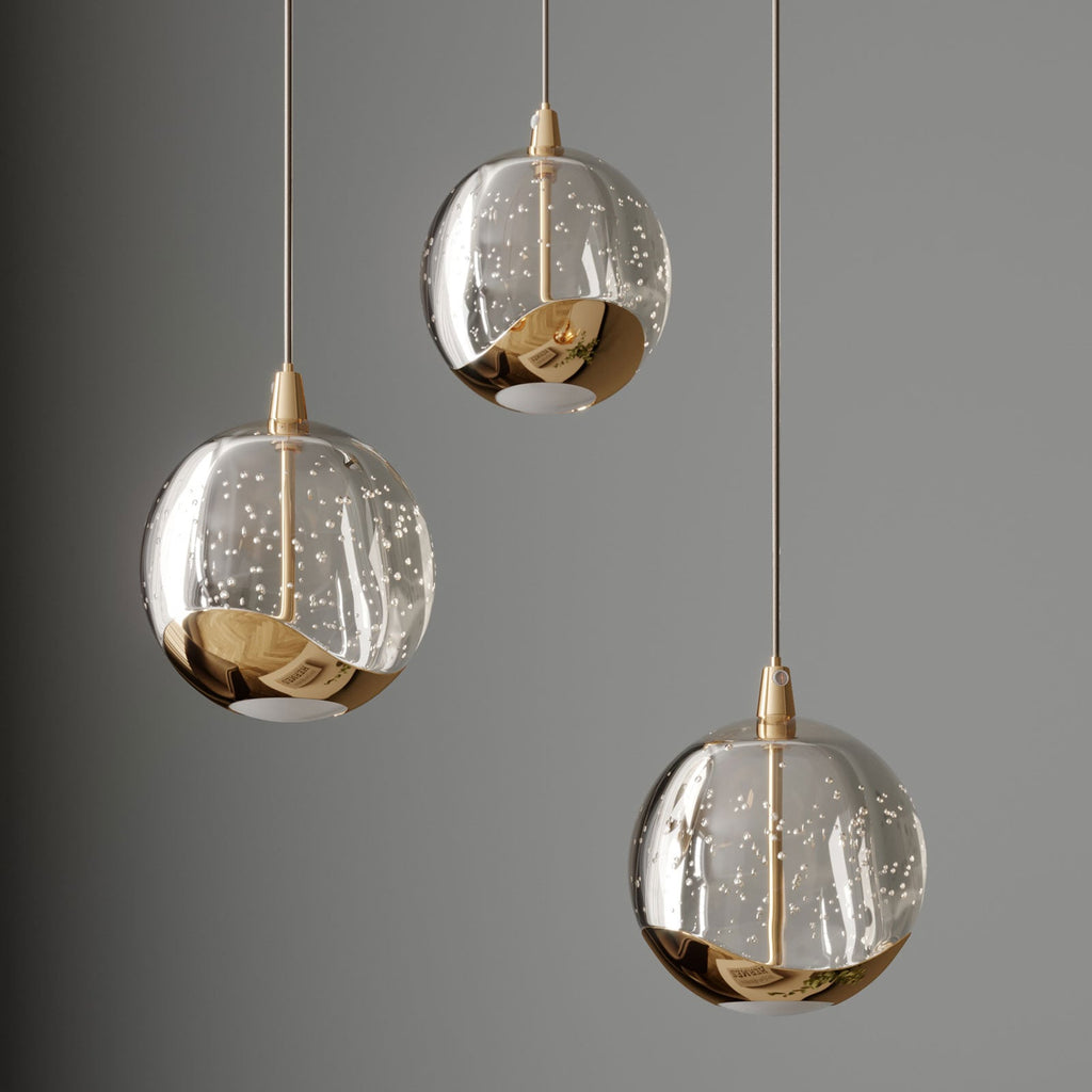 LED pendellampe Hayley 3-lys glass kuleform gull bakside