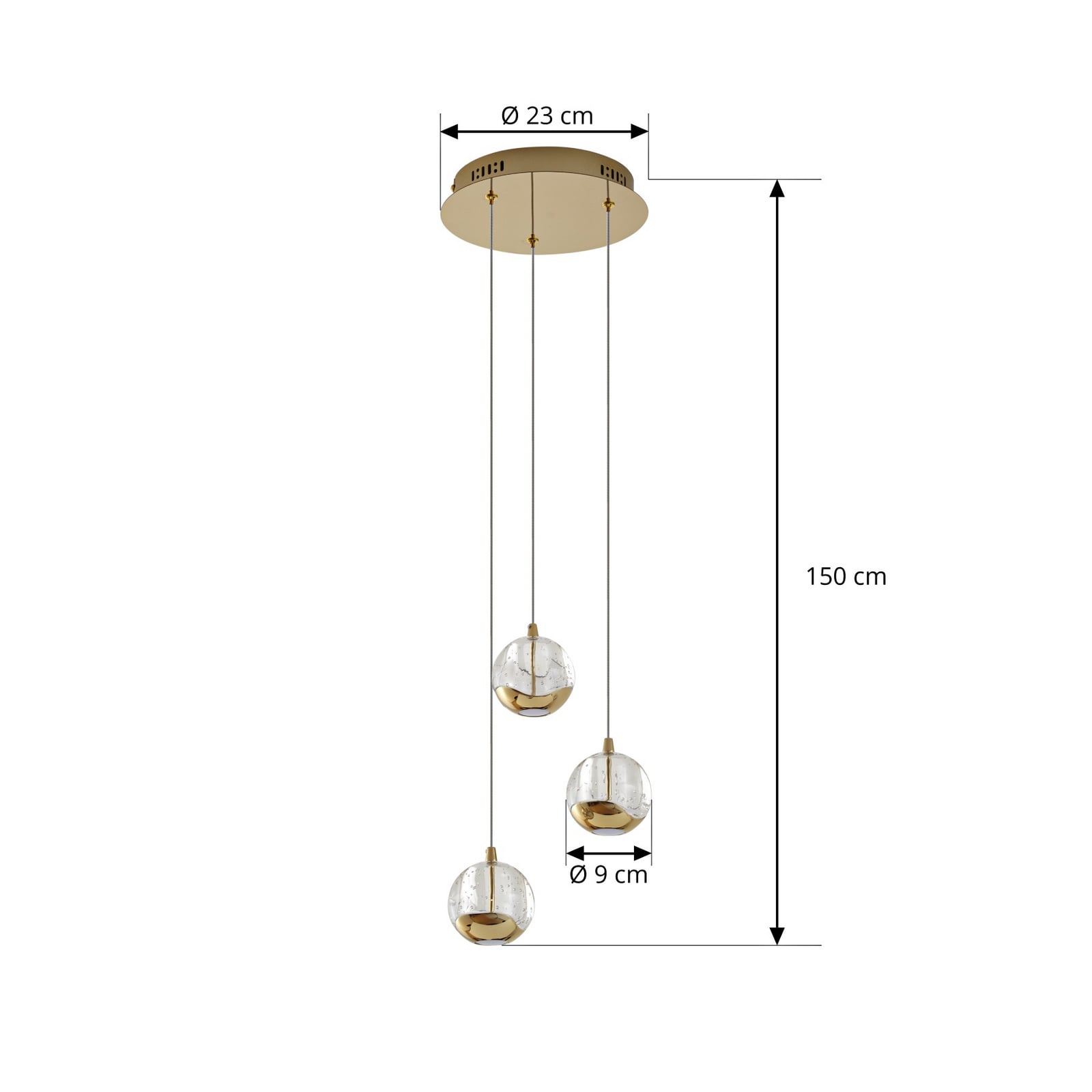 LED pendellampe Hayley 3-lys glass kuleform gull detalj av glasskule