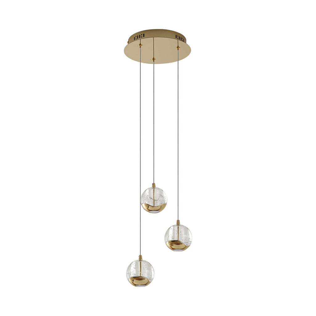 LED pendellampe Hayley 3-lys glass kuleform gull nærbilde metallelement