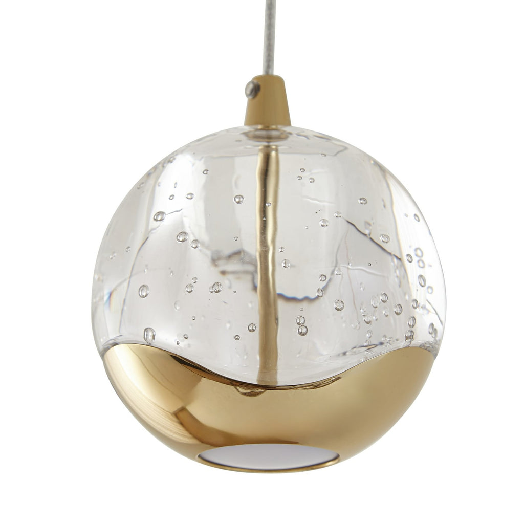 LED pendellampe Hayley 3-lys glass kuleform gull lysdetalj