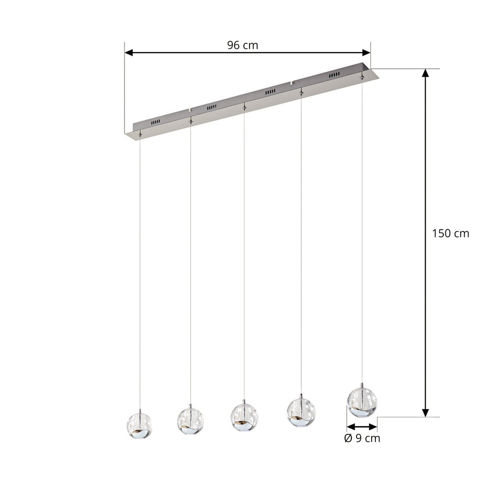 LED pendellampe Hayley 5-lys glass krom 96 cm detalj av glasskule