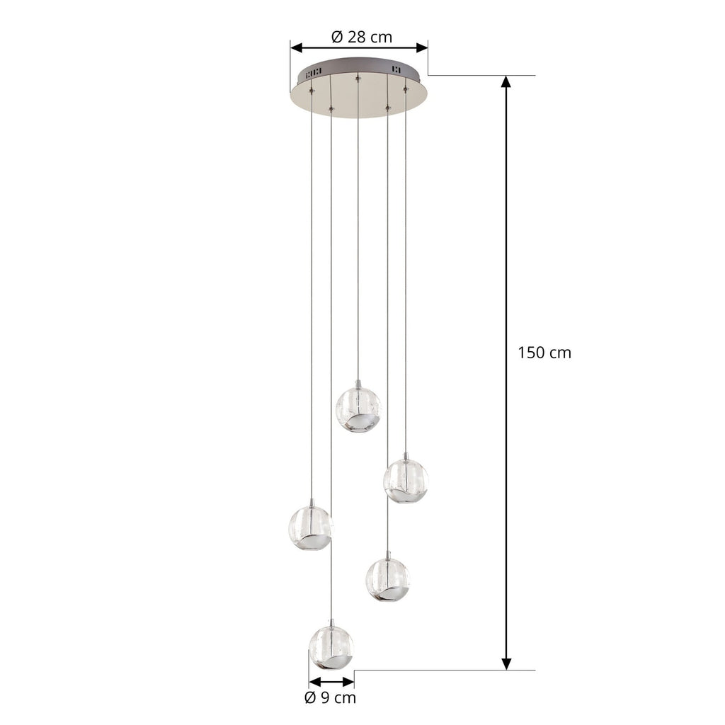 LED pendellampe Hayley 5-lys glass krom detalj av glasskule
