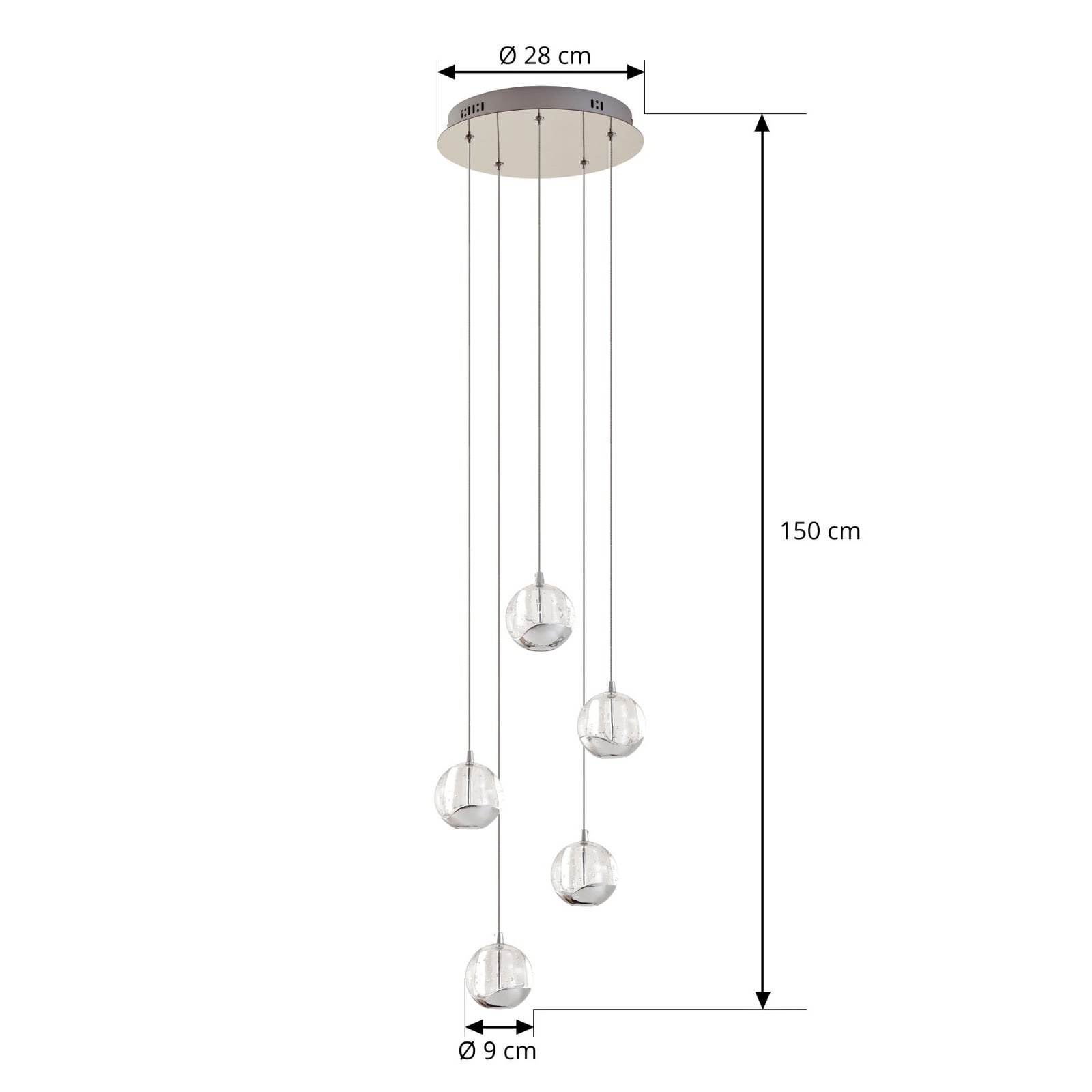 LED pendellampe Hayley 5-lys glass krom detalj av glasskule