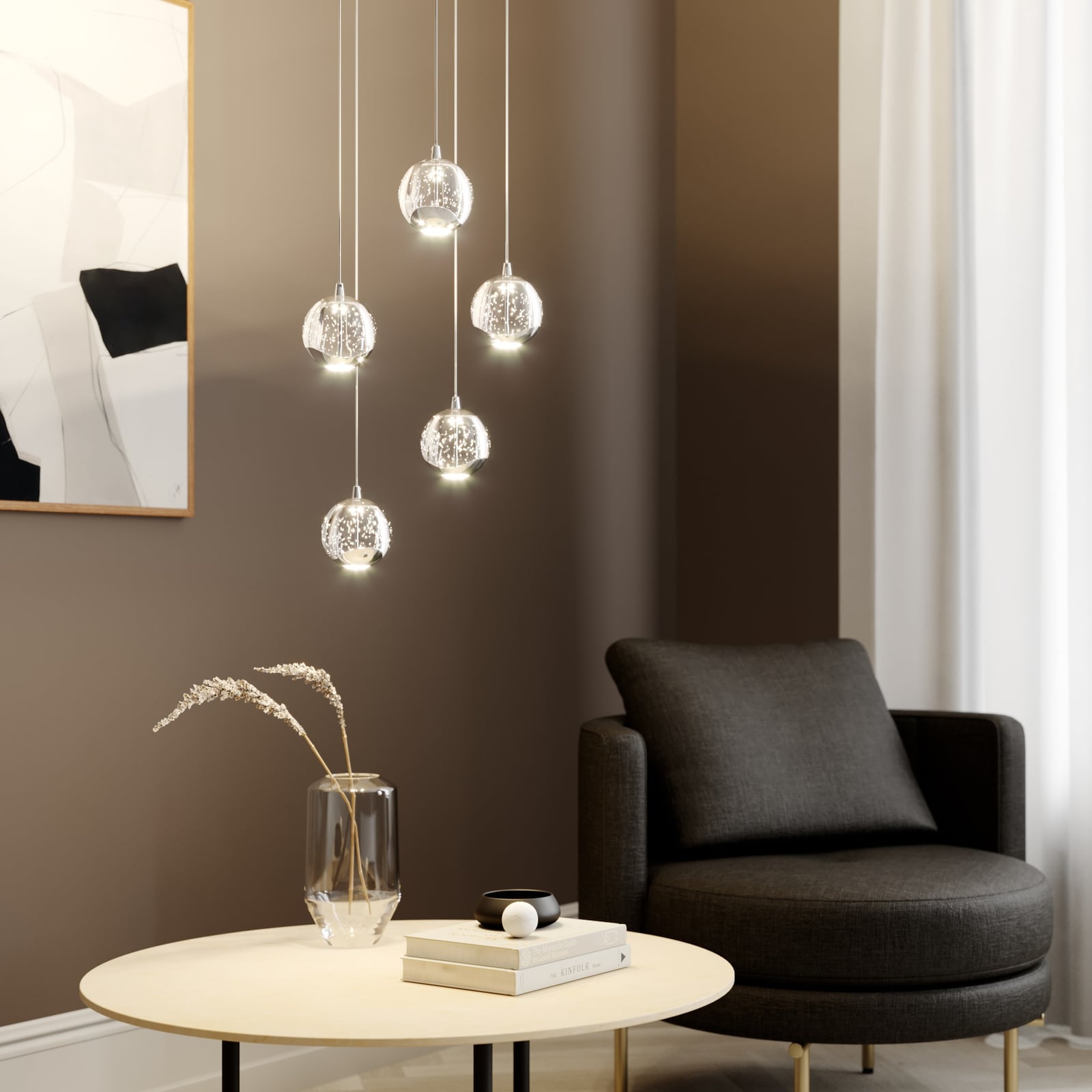 LED pendellampe Hayley 5-lys glass krom montert i rom
